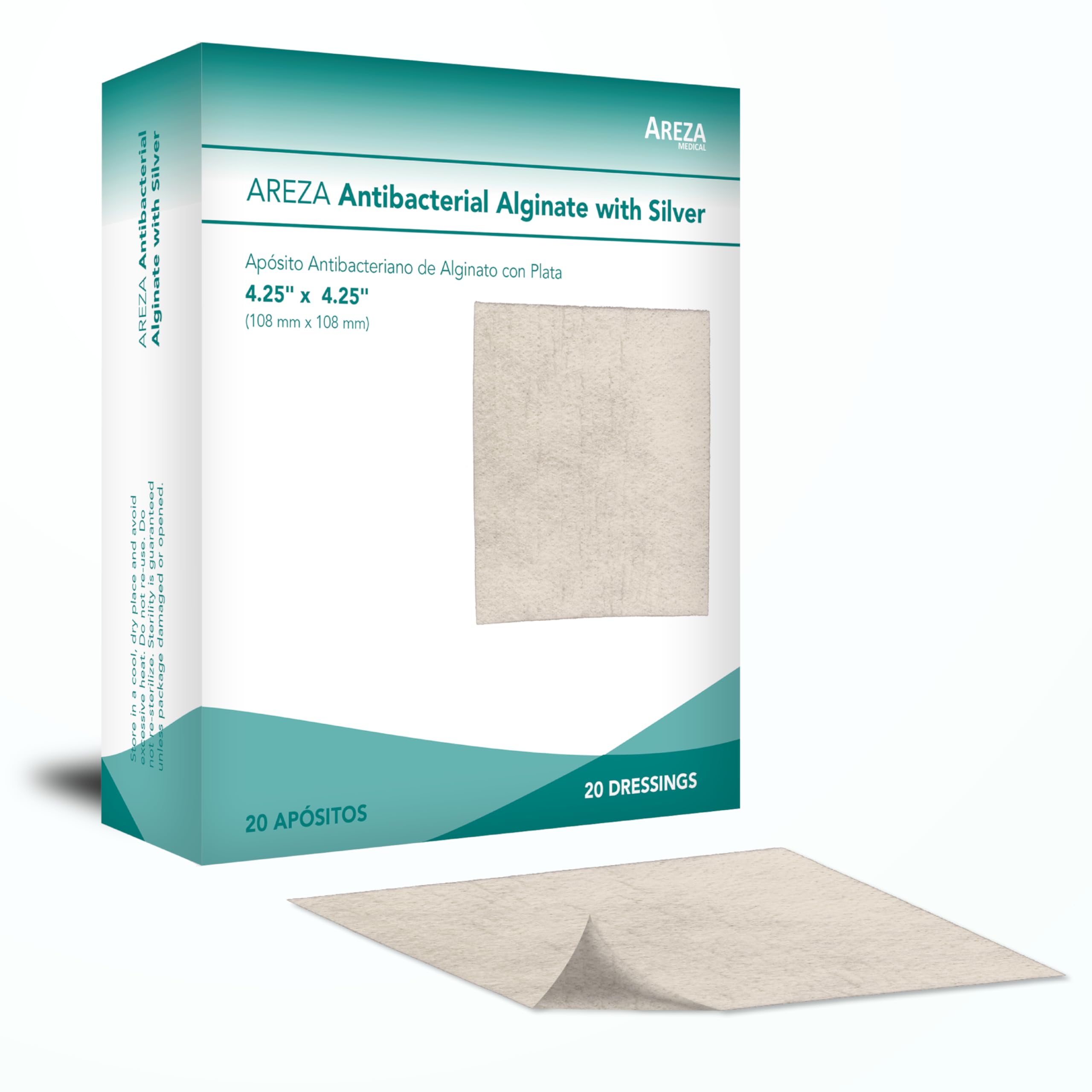 Areza Medical Silver Alginate (Antibacterial Alginate with Silver) 4.25"x4.25" Sterile; 20 Wound Dressings Per Box (1)