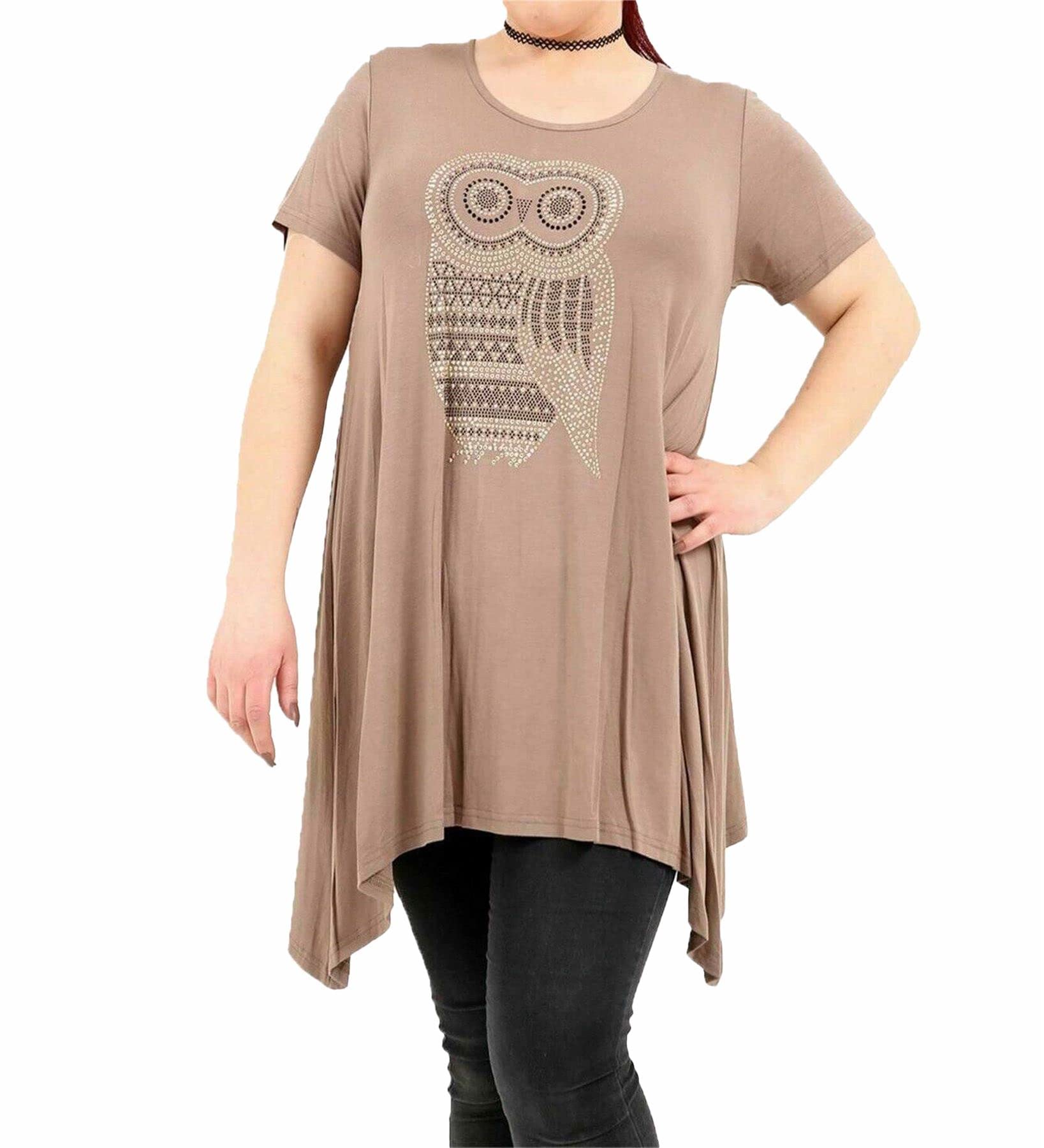 Gostyles Women's Mocha Gostyles® Owl Diamante Studded Hanky Hem Top, Short Sleeve Sparkly Blouse T-Shirt, Uneven Hem Oversized Casual Evening Tunic Top (, 26-28)