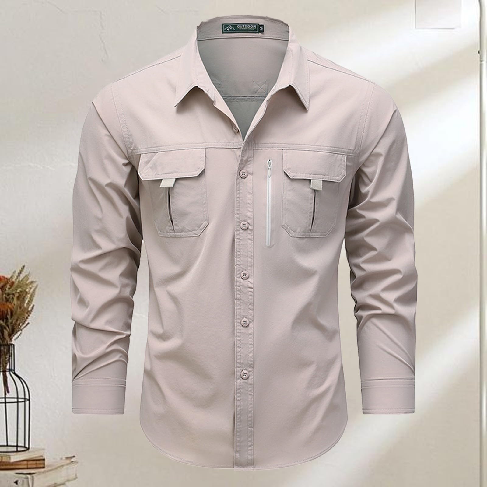 Camicia Uomo Manica Lunga Abbottonata con Protezione Solare, Tessuto Leggero con Tasche, Ideale per Pesca, Escursioni e Viaggi all’Aperto(1B-Light Ashy, L)