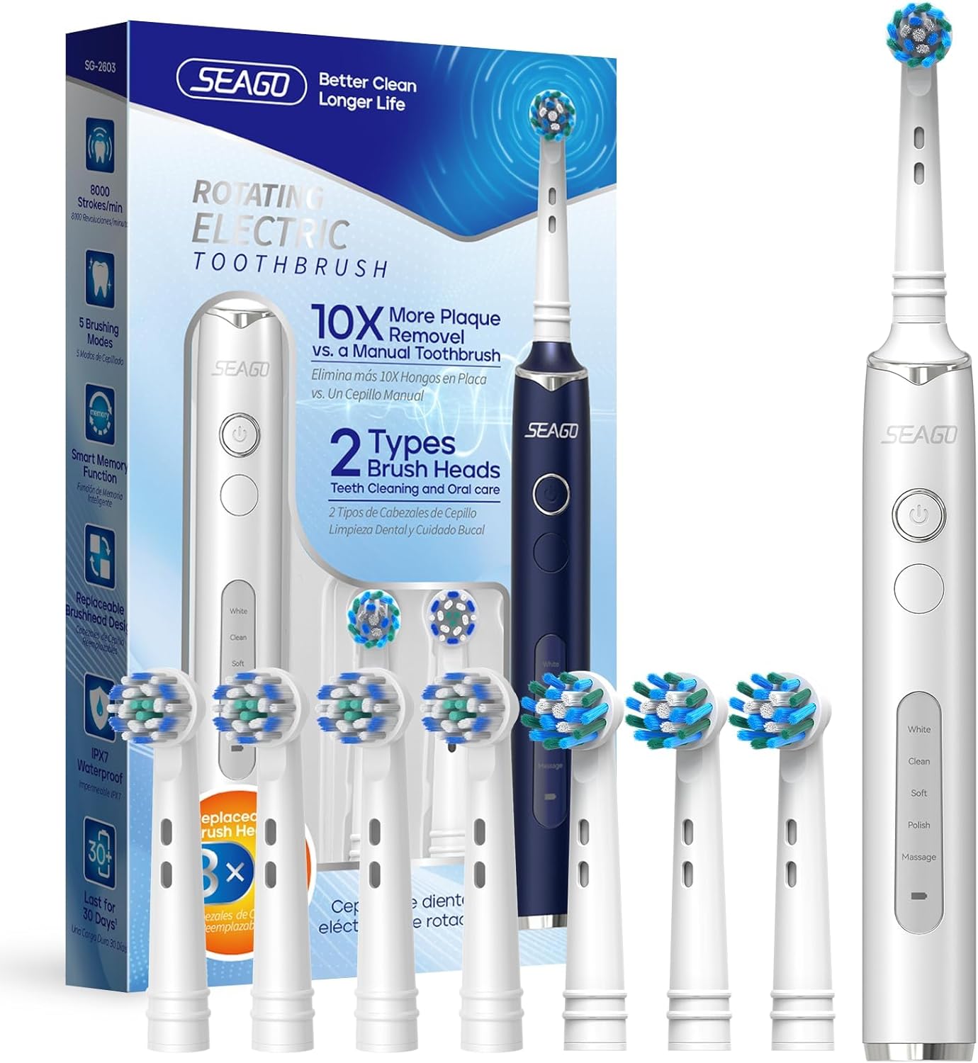 SEAGO Rotating Electric Toothbrush with 8 Round Brush Heads, with 5 Cleaning Modes, Sonic Technology Whitening Teeth in 14 Days, for Adult and Kids, SG-2603 (White) SEAGO Rotating Electric Toothbrush with 8 Round Brush Heads, with 5 Cleaning Modes, Sonic Technology Whitening Teeth in 14 Days, for Adult and Kids, SG-2603 (White)