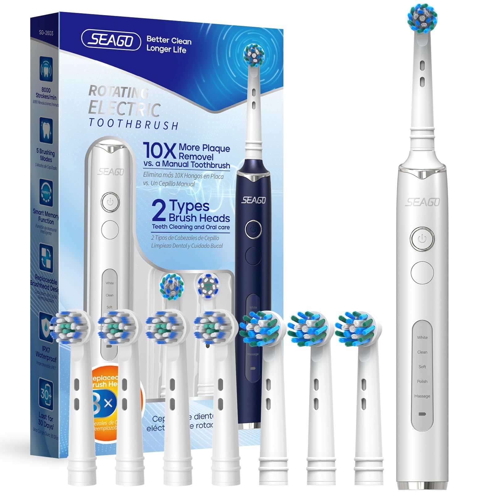 SEAGO Rotating Electric Toothbrush with 8 Round Brush Heads, with 5 Cleaning Modes, Sonic Technology Whitening Teeth in 14 Days, for Adult and Kids, SG-2603 (White)