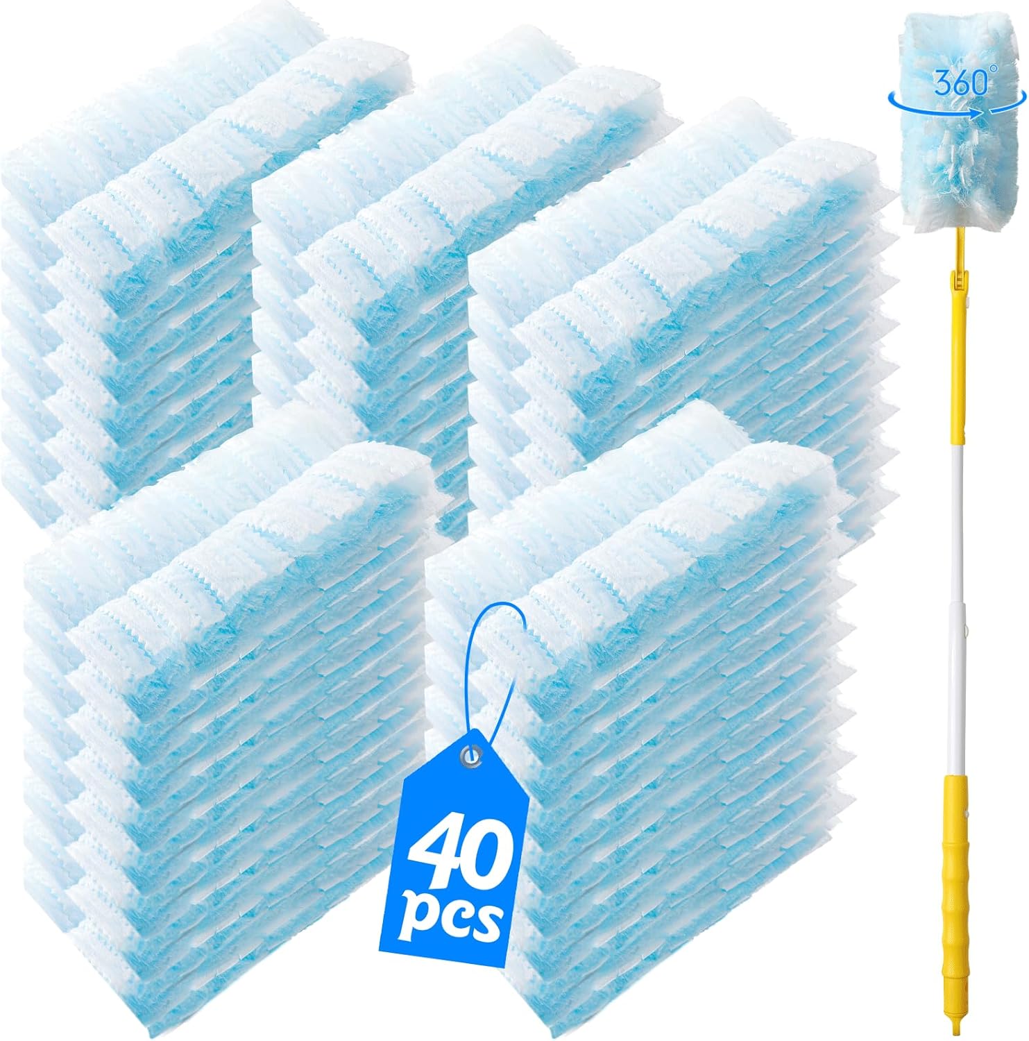 40 Count 360° Heavy Duty Duster Refills Compatible with Swiffer,Large Size-Extra Thick Disposable Electrostatic Duster Refill with 1 Retractable Handle(35-inch Length Fully expanded)