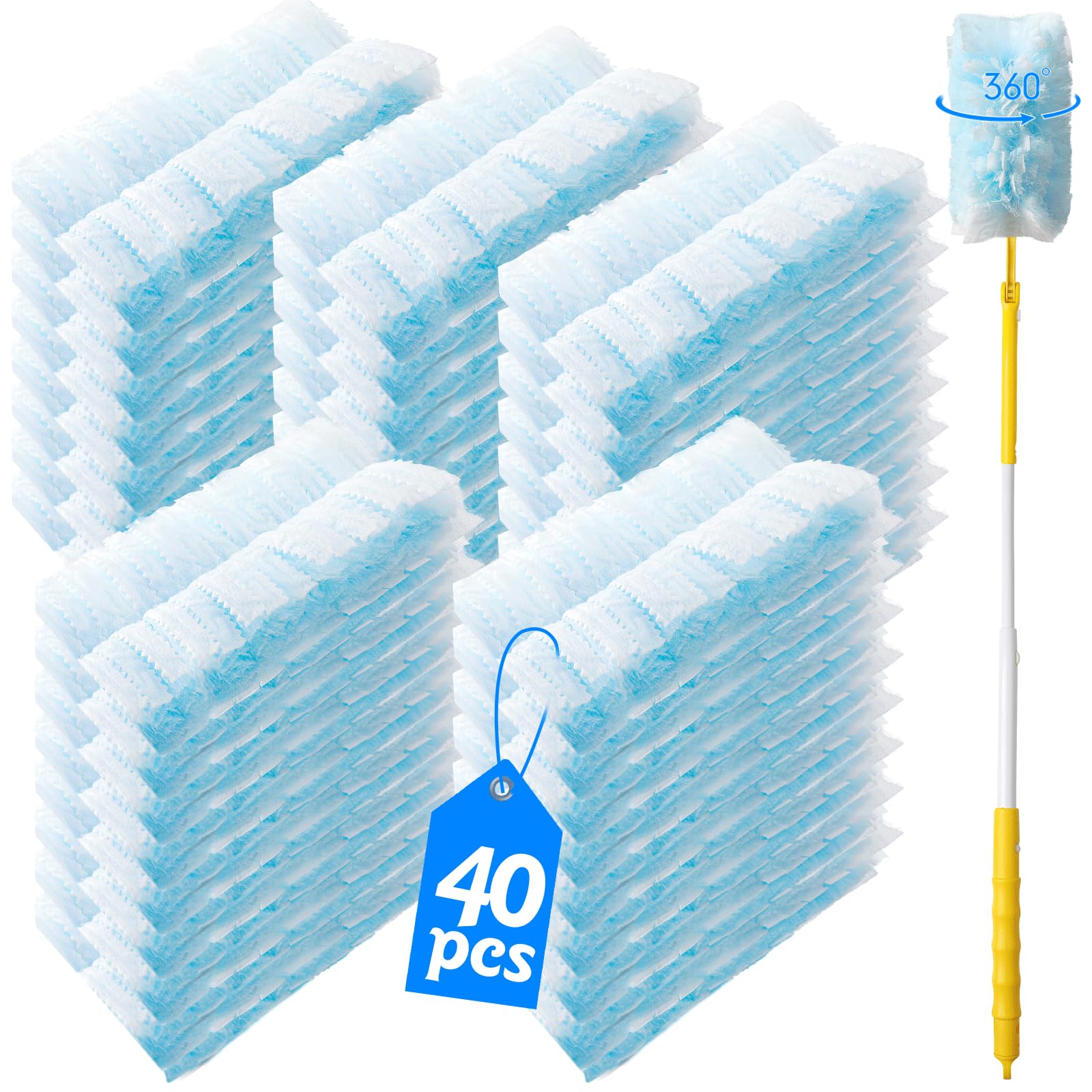 Senowi 40 Count 360° Heavy Duty Duster Refills Compatible with Swiffer,Large Size-Extra Thick Disposable Electrostatic Duster Refill with 1 Retractable Handle(35-inch Length Fully expanded)