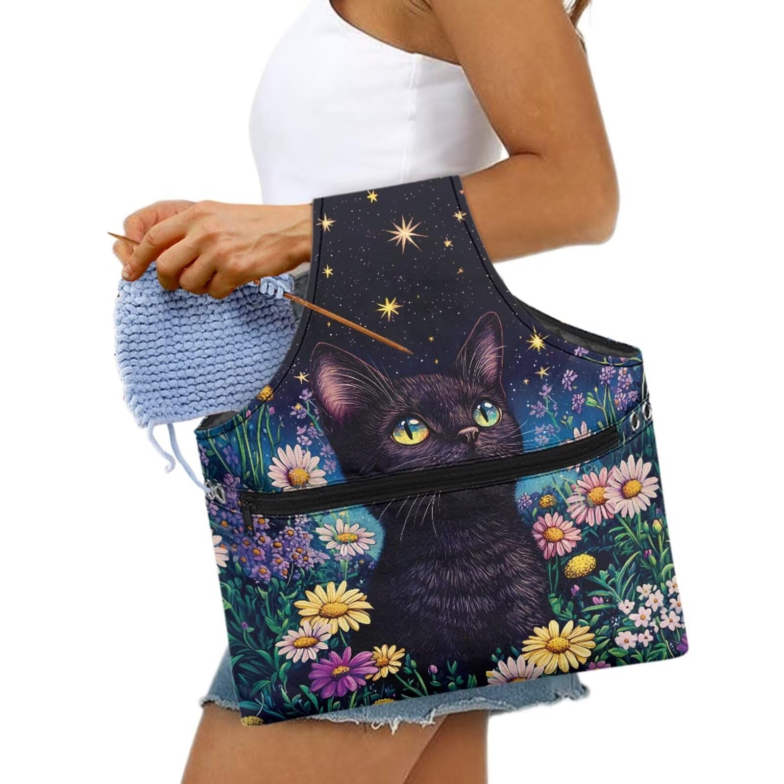 ASQVTIFE Starry Night Cat Yarn Storage Knitting Bags Store Skein Ball Cute Yarn Holder Knitting Bag,Crochet Bags for Women Knitting Needles with Front Zipper Pocket Large Crochet Bags for Big Yarn - Image 3