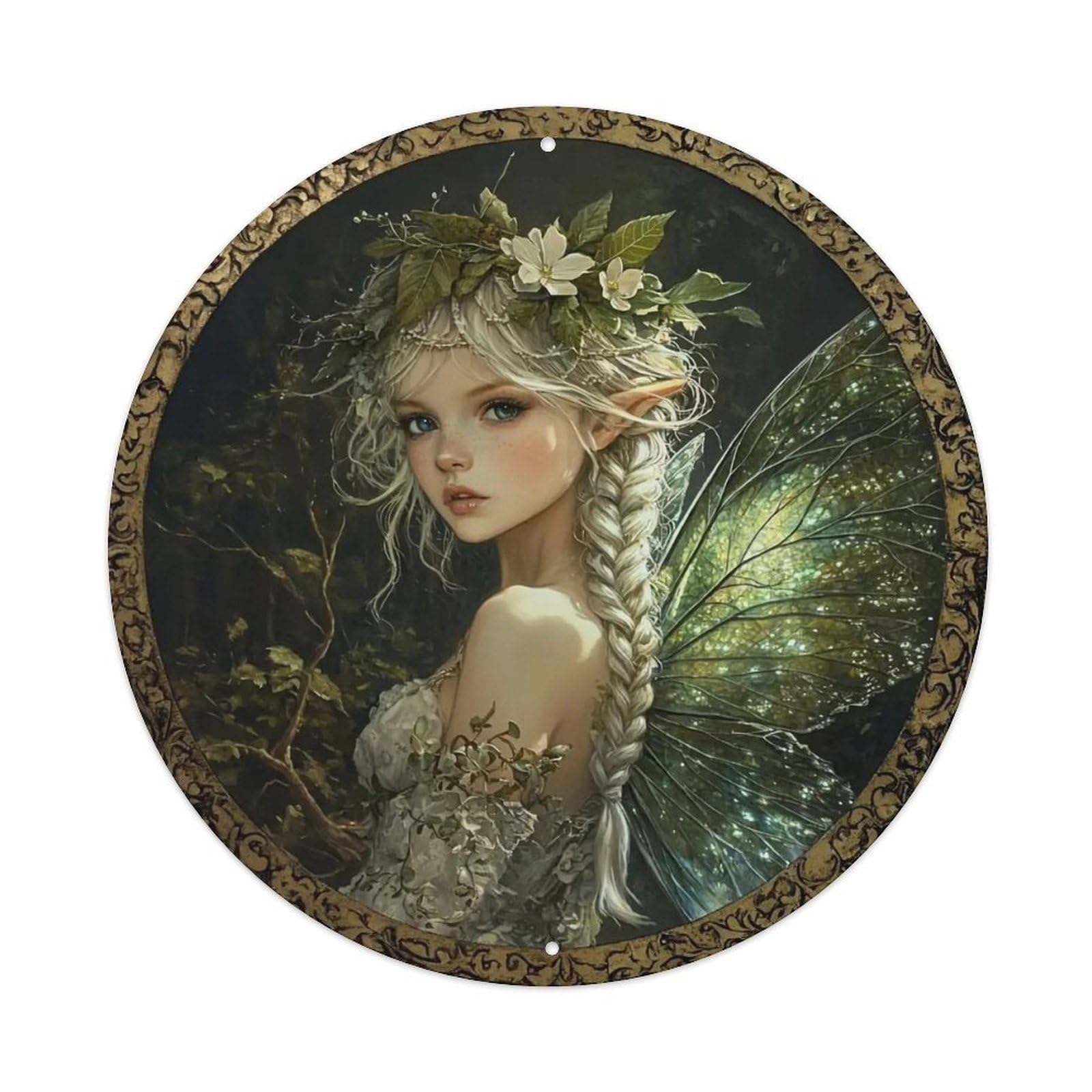 Fairy Wings Floral Crown Elven Hair Round Tin Sign Vintage Metal Sign Home Bar Garden Indoor & Outdoor Wall Decor Retro Metal Poster 8x8 Inch
