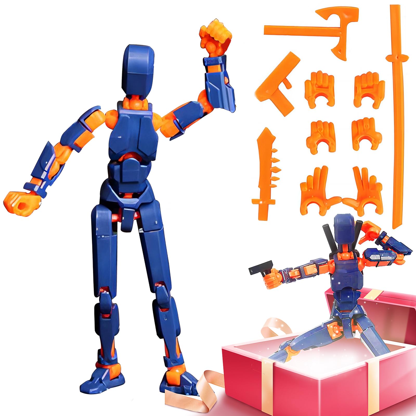 T13 Action Figure, Robot Action Figure, 3D Printed with Full Articulation for Stop Motion Animation, Multi-Jointed Movable, Multiple Accessories, Desk Decoration(Assembly Completed) (orange blue)