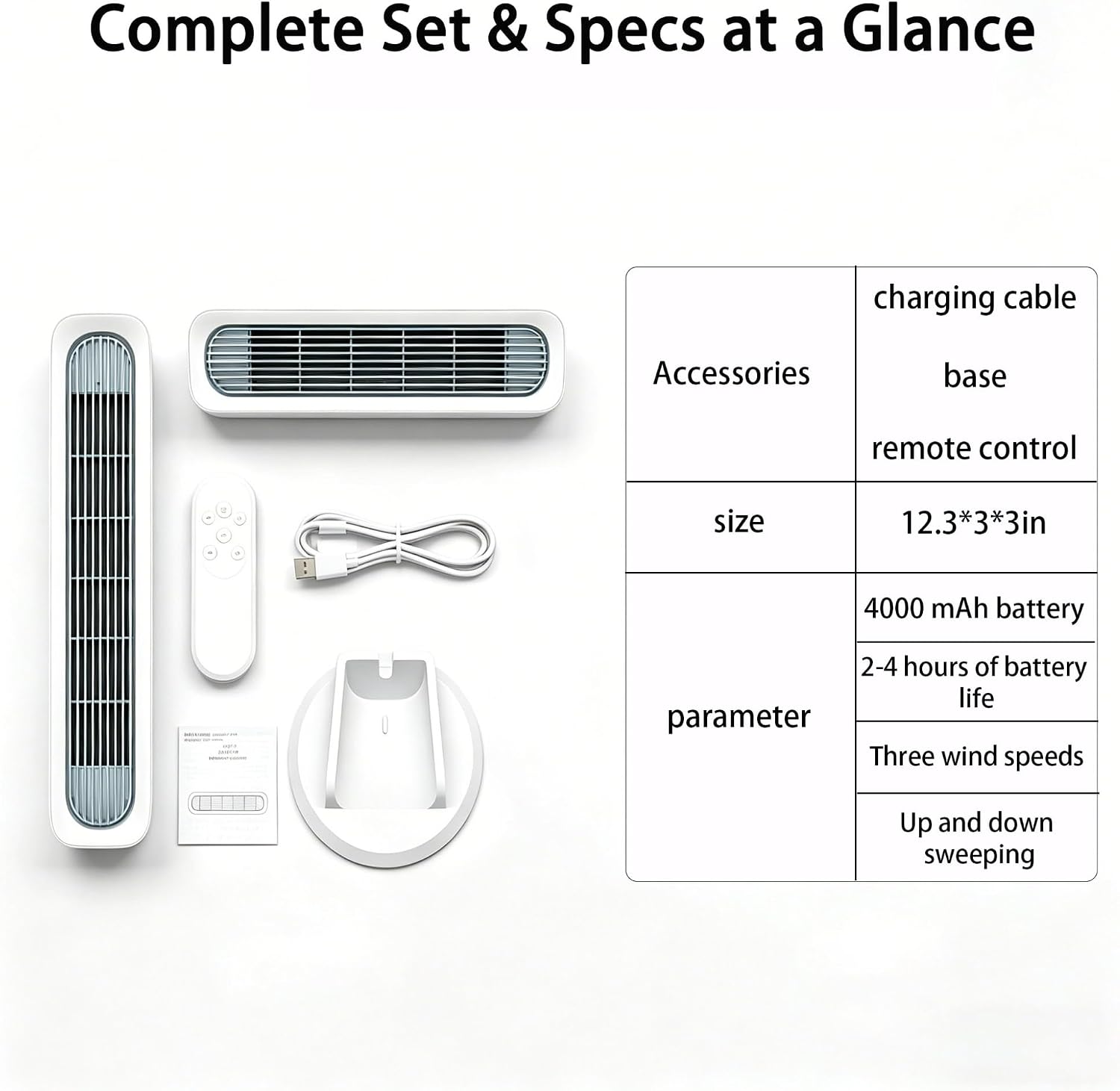 Portable Bladeless Tower Fan 2-in-1 Standing & Desktop Fan with Remote Control 4000mAh Rechargeable Battery 3 Speeds Auto Up/Down Oscillation Ultra Quiet for Home Office Car Bedroom