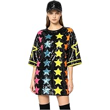 Freebily Women Glitter Dress Casual Nightclub Party Tops Crew Neck Short Sleeve Loose Cute Tunic Blouse