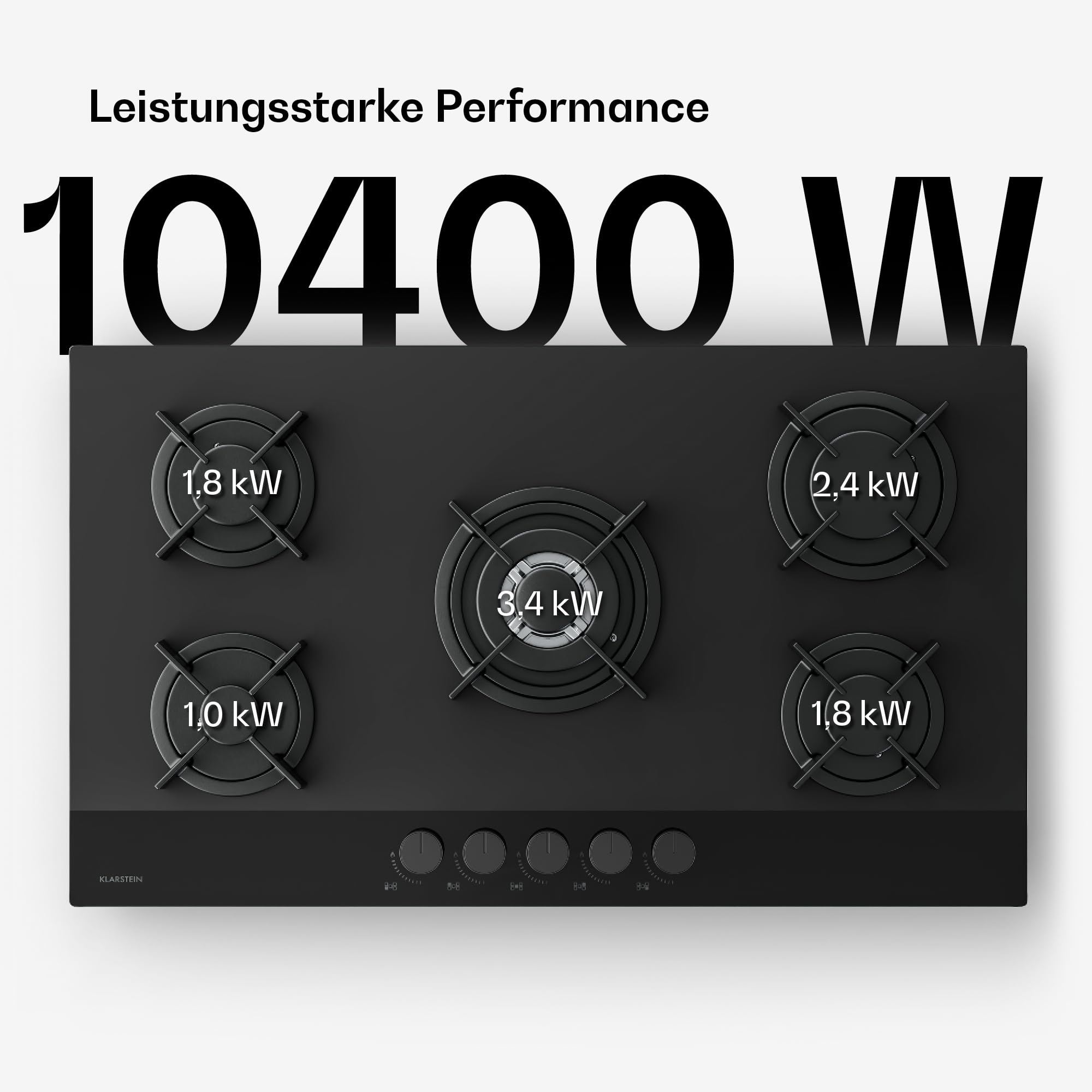 Klarstein Velaire Gaskochfeld, 90 cm, 5-Brenner, 10400 W, Glas, Flüssiggas & Erdgas, Elektrische Zündung, Flammenausfallschutz, Gasherd, inkl. Umrüstsatz & Schlauchset, Schwarz