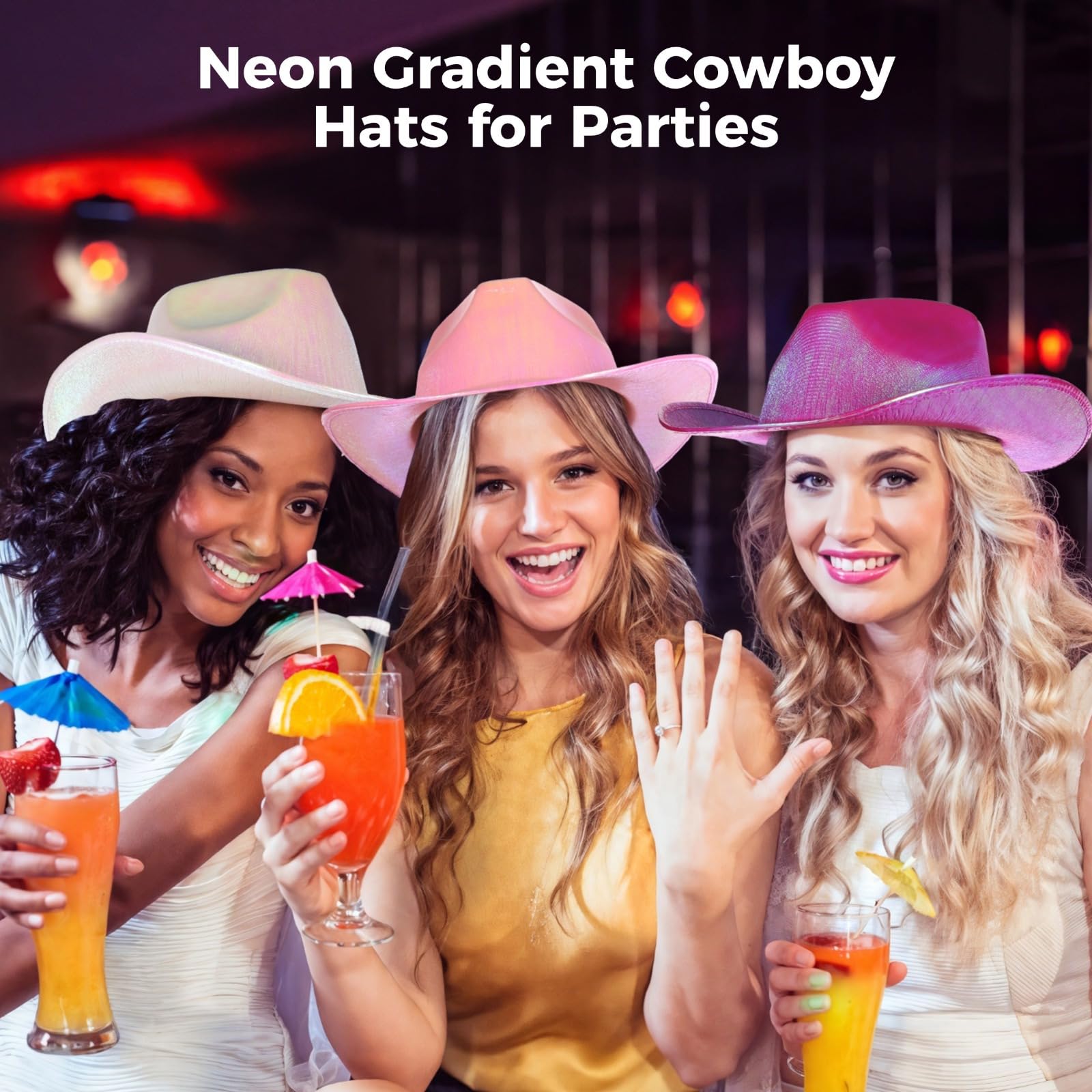 12 sombreros de vaquero degradados de neón brillantes para mujer, diseño fluorescente de ala ancha, acabado perla brillante, cuerda ajustable, accesorio para fiestas y eventos
