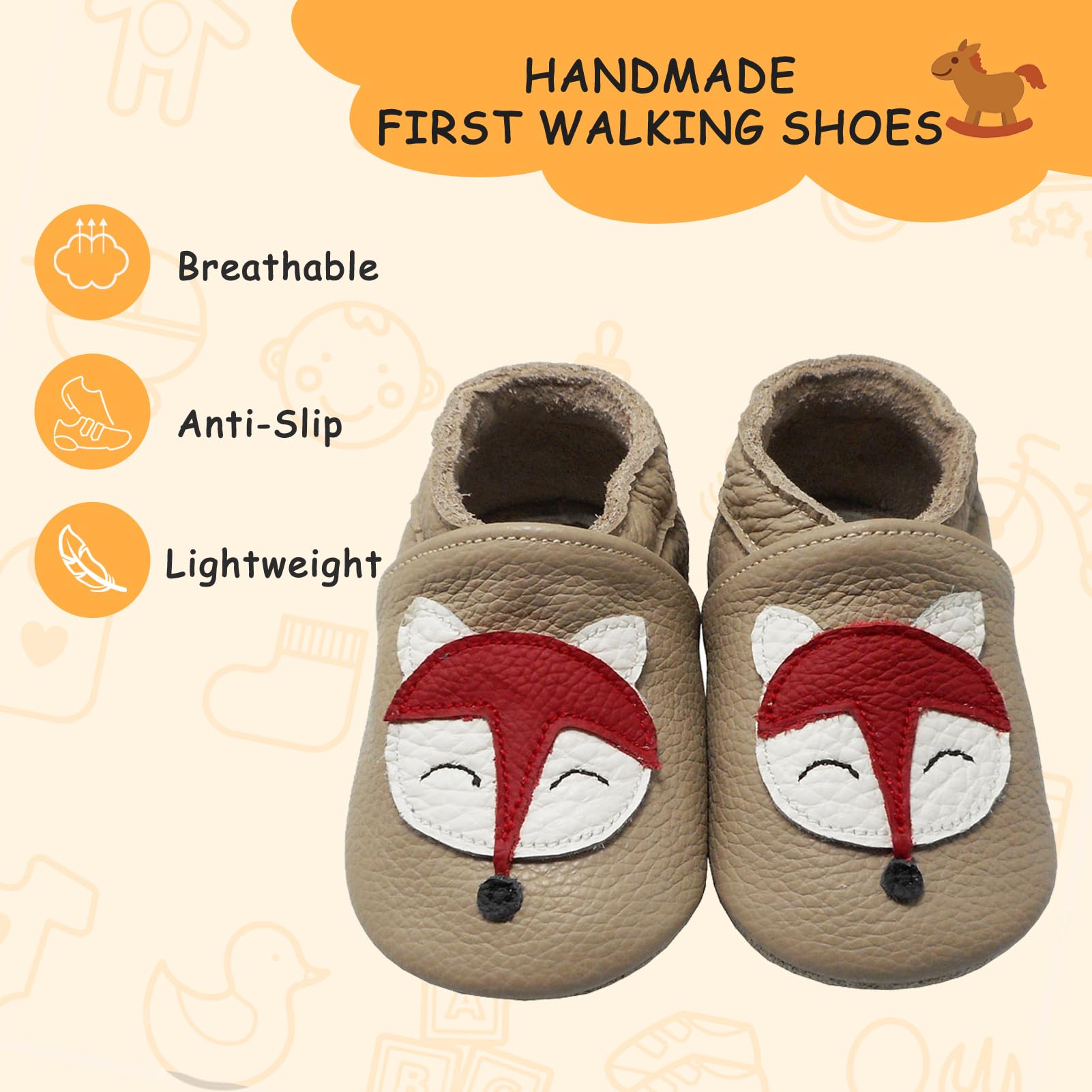 YALION Baby Soft Sole Leather Shoes Infant Toddler Moccasin Prewalker Crib Shoes Fox 3 Colors (US 7-8/18-24 Months Toddler/XL, Khaki)