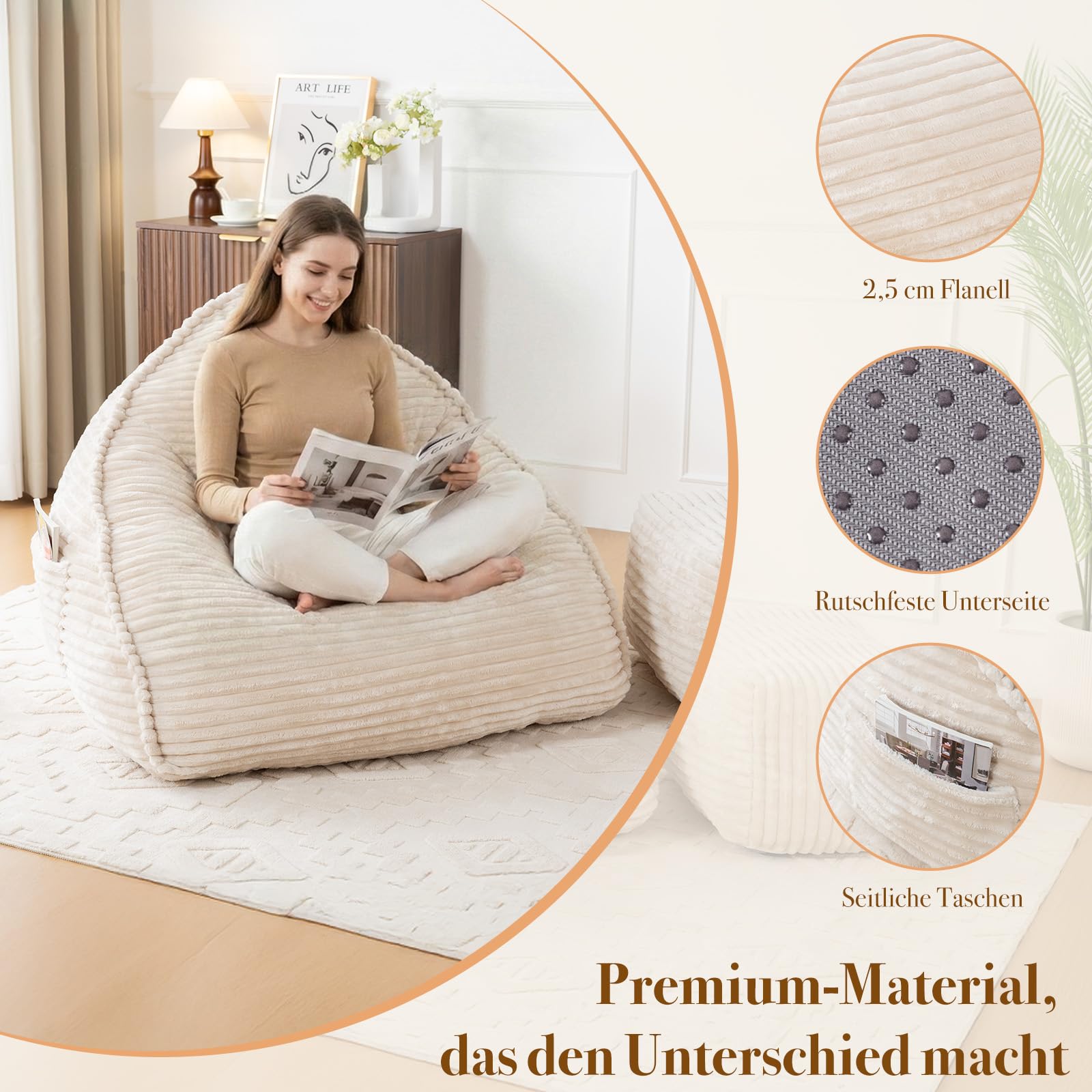 Vamcheer Sitzsack Erwachsene mit Hocker XXL Beige Bean Bag Chair Flauschiger Flanellstoff