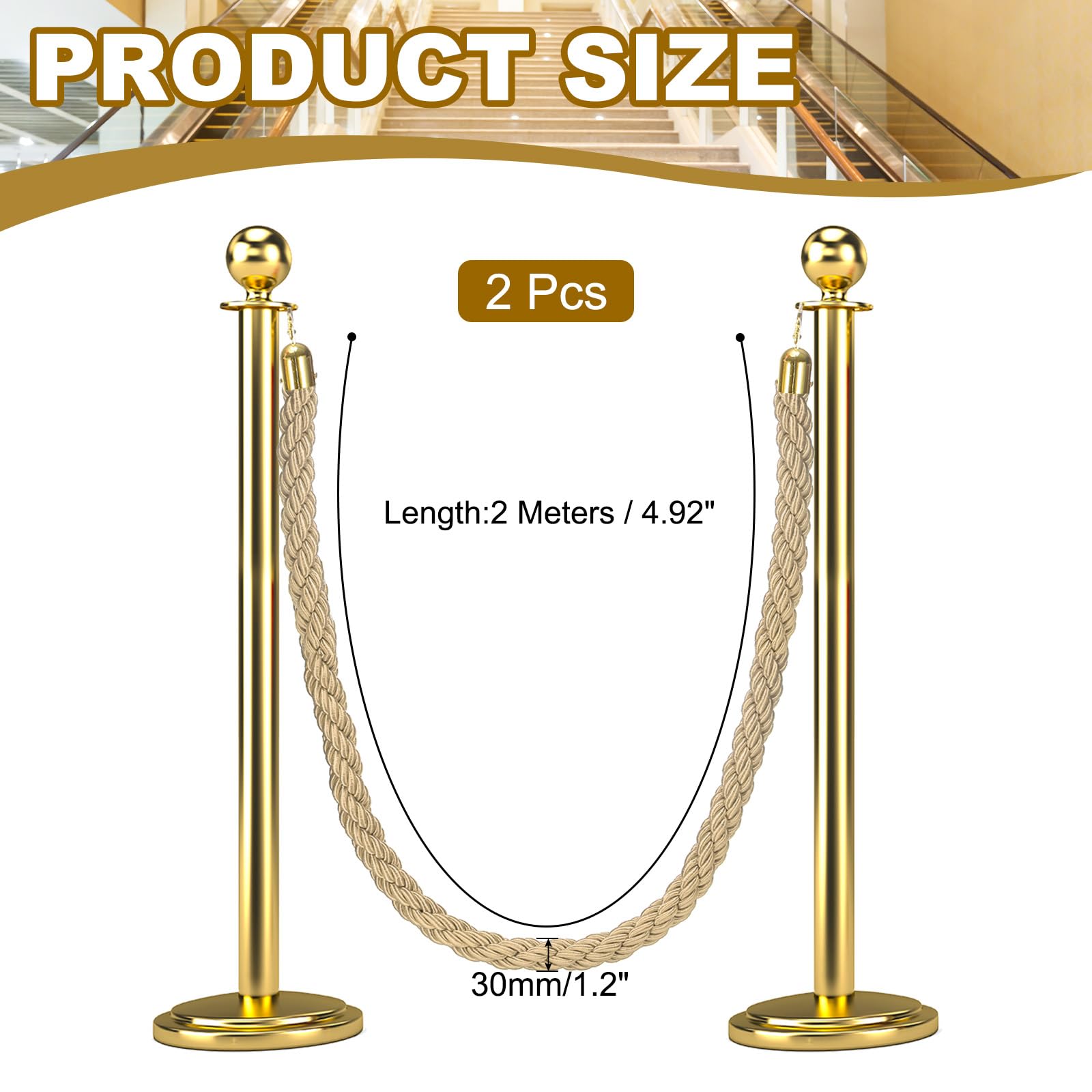 QUARKZMAN 2 Stück 6.6 Ft/2 m Verdrehte Säulen Absperrseil Mit Haken Champagner Gold