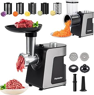 Parmedu Electric Cheese Grater & Meat Grinder 2-in-1: Vegetable Cutter Veggie Slicer Vegetable Shredder Chopper Kitchen Grater Salad Maker Meat Mincer Sausage Maker & Kibbeh Maker