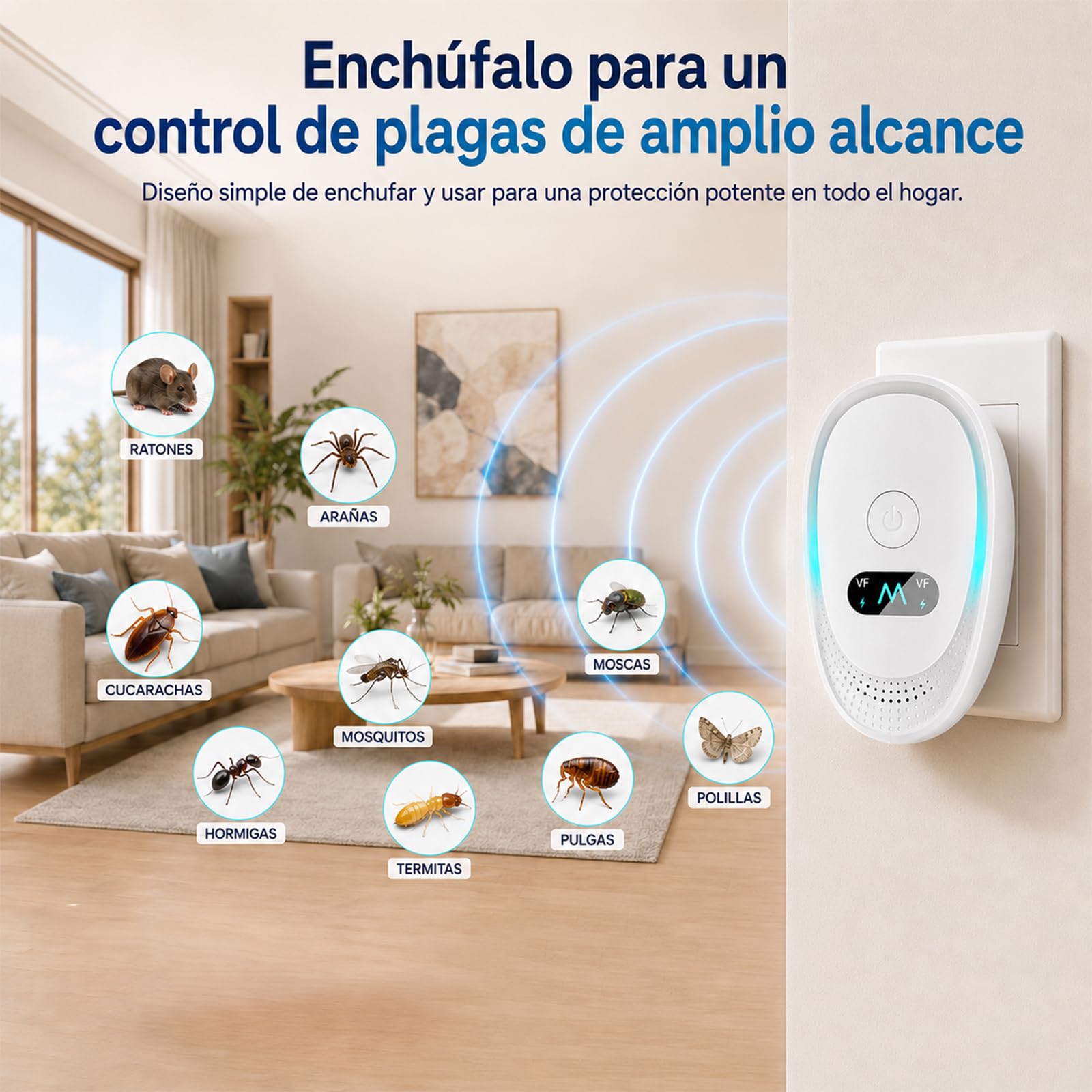 Ultrasónico Repelente de Insectos y Roedores, Dispositivo Eléctrico Antiparasitario para Hogar, Elimina Mosquitos, Cucarachas, Hormigas, Arañas, Moscas y Ratones, Uso Interior (6 Unidades)