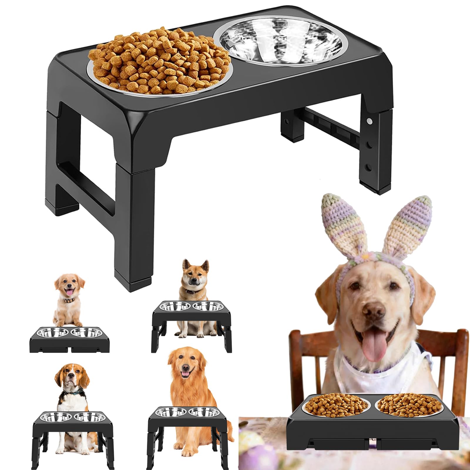 Raised Double Dog Bowl with 2x1200ml Stainless Steel Bowls, Dog Bowl Rack, Adjustable Elevated Dog Bowls Stand, Foldable Pet Bowls for Small Medium Large Dogs and Cat, 44cmx24cmx8/22/26/30cm(LxWxH)