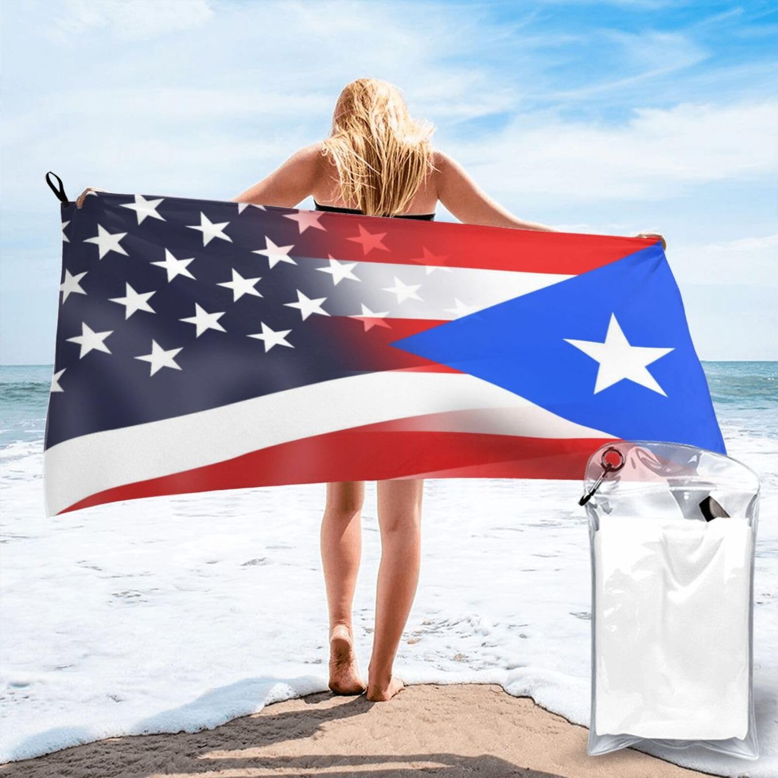 HACXZ Funny America Flag and Puerto Rico Flag Absorbent Beach Towel Microfiber Beach Shower Towel 31.5"X63"