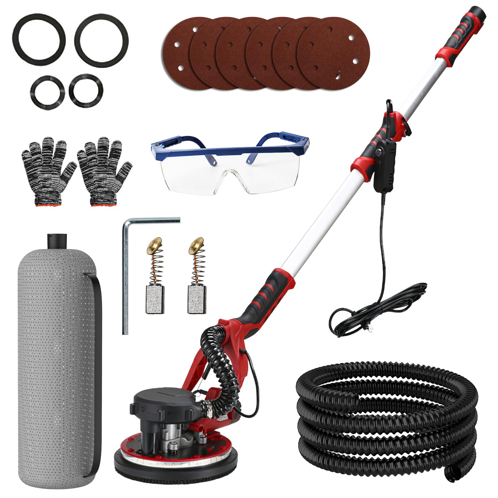 Lijadora jirafa con aspiradora 1390 W, lijadora Placo 225 MM, iluminación LED, 2800 RPM, 6 velocidades variables, jirafa lijadora para pared y techo (rojo)