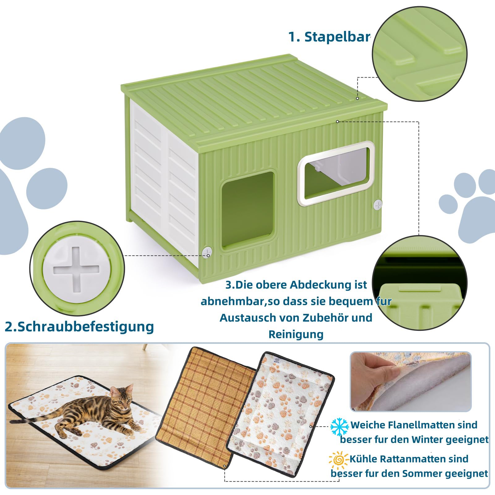Kunststoff-Katzenhaus für Drinnen und Draußen mit Doppelseitigem Kissen Wetterfestes Katzenhaus für alle Jahreszeiten Geeignet(Grün und Weiß, 56 * 38 * 36)