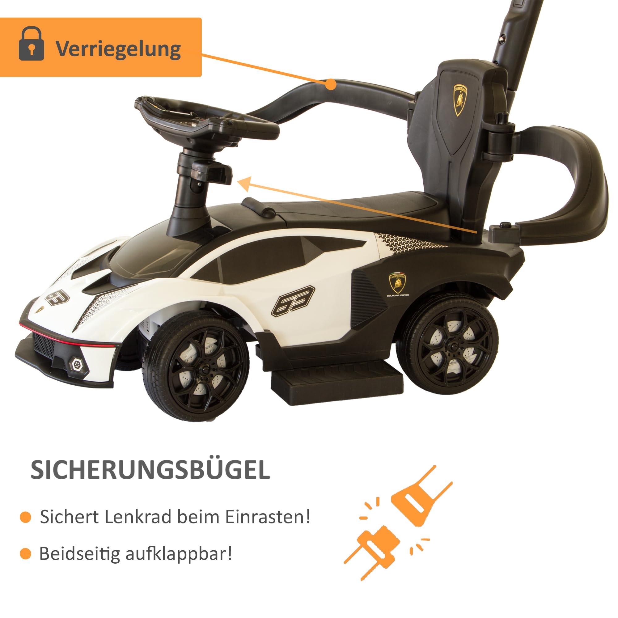 Lamborghini Rutschauto mit Schiebstange ab 1 Jahr | Rutschfahrzeug mit Sicherheitsbügel | Schiebeauto Lamborghini in weiß| Lenkung via Stange möglich | Staufach | Fußablage | Sound