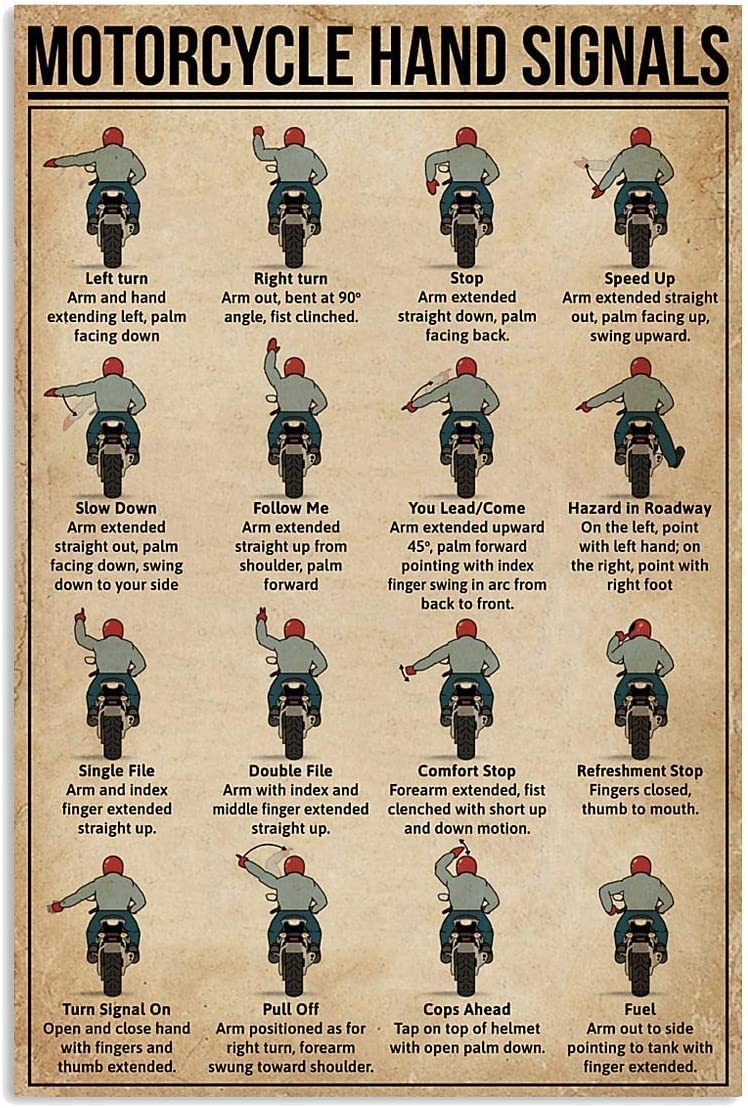 FJQWKLF Motorcycle Knowledge Posters Metal Signs Wall Decor Motorcycle Hand Signals Symbols Retro Plaque Vintage Tin Sign Room Decor Cafe Club Garage 8x12 inch