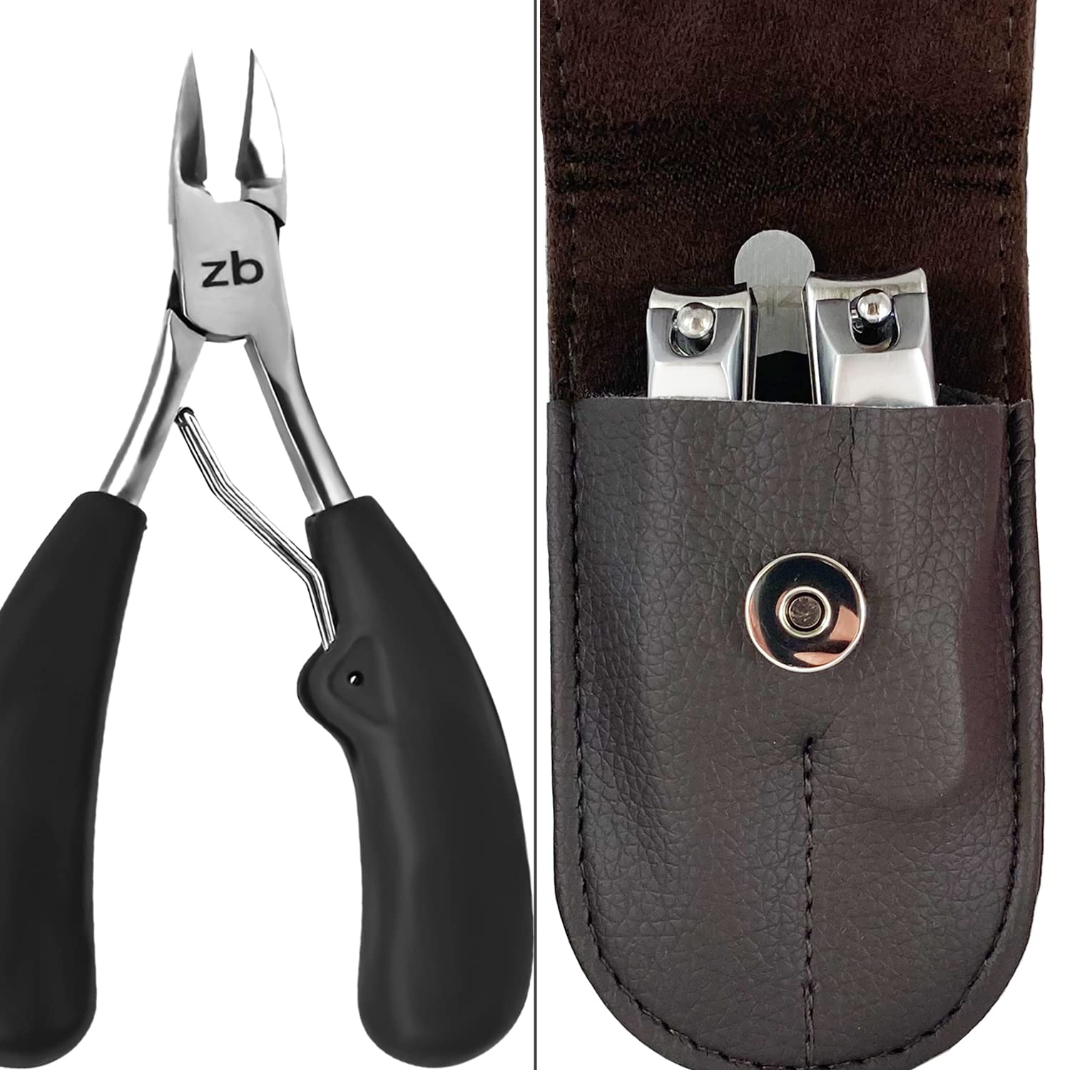 Zizzili Basics Toenail Clippers for Ingrown or Thick Toenails and 3 Piece Nail Clipper Set - Fingernail & Toe Nail Clippers with Nail File and Brown Travel Case - Bundle