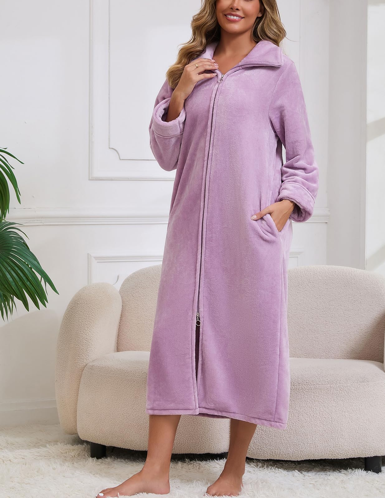 Rubehoow Accappatoio da donna in pile morbido e caldo cappotto di casa peluche flanella cerniera accappatoio con tasche per l'inverno