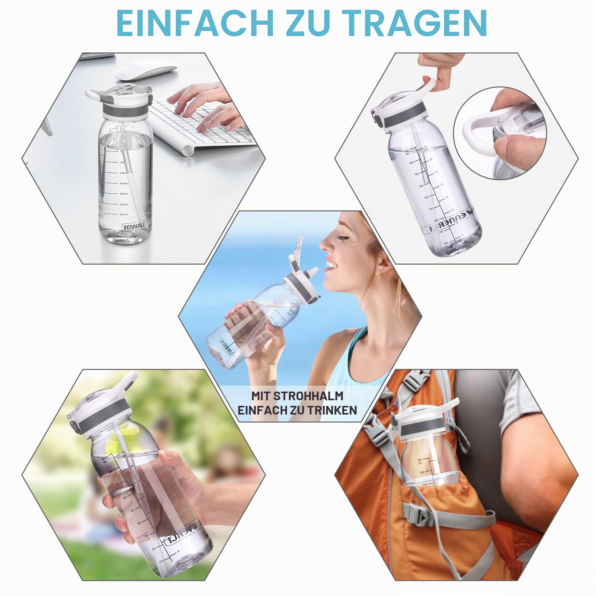 Wasserflasche, BPA-frei, 900 ml, mit Strohhalm-Deckel, auslaufsicher, Tritan-Wasserkrüge, spülmaschinenfest, Trinken für Zuhause, Fitness, Outdoor, Wandern, Workouts (N-1L, transparent)
