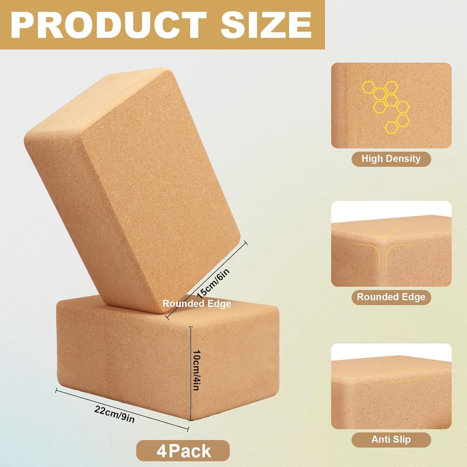 Paquete de 4 bloques de yoga de corcho, bloques de yoga antideslizantes y de alta densidad, ladrillo de madera natural para ejercicio, pilates, estiramiento, equilibrio, gimnasio, entrenamiento en