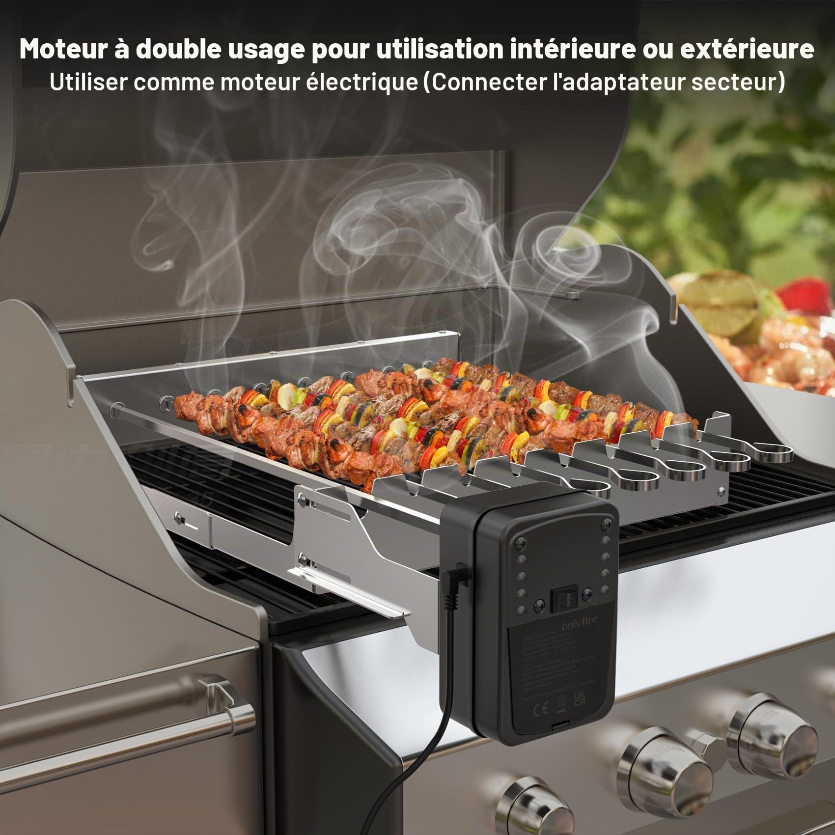 onlyfire Moteur Tournebroche Électrique 3 en 1 pour Barbecue - Alimentation Secteur, Piles D ou Câble USB – Vitesse Réglable 1,5 à 7 RPM – Compatible avec Rotissoire, Méchoui et Broche à Viande