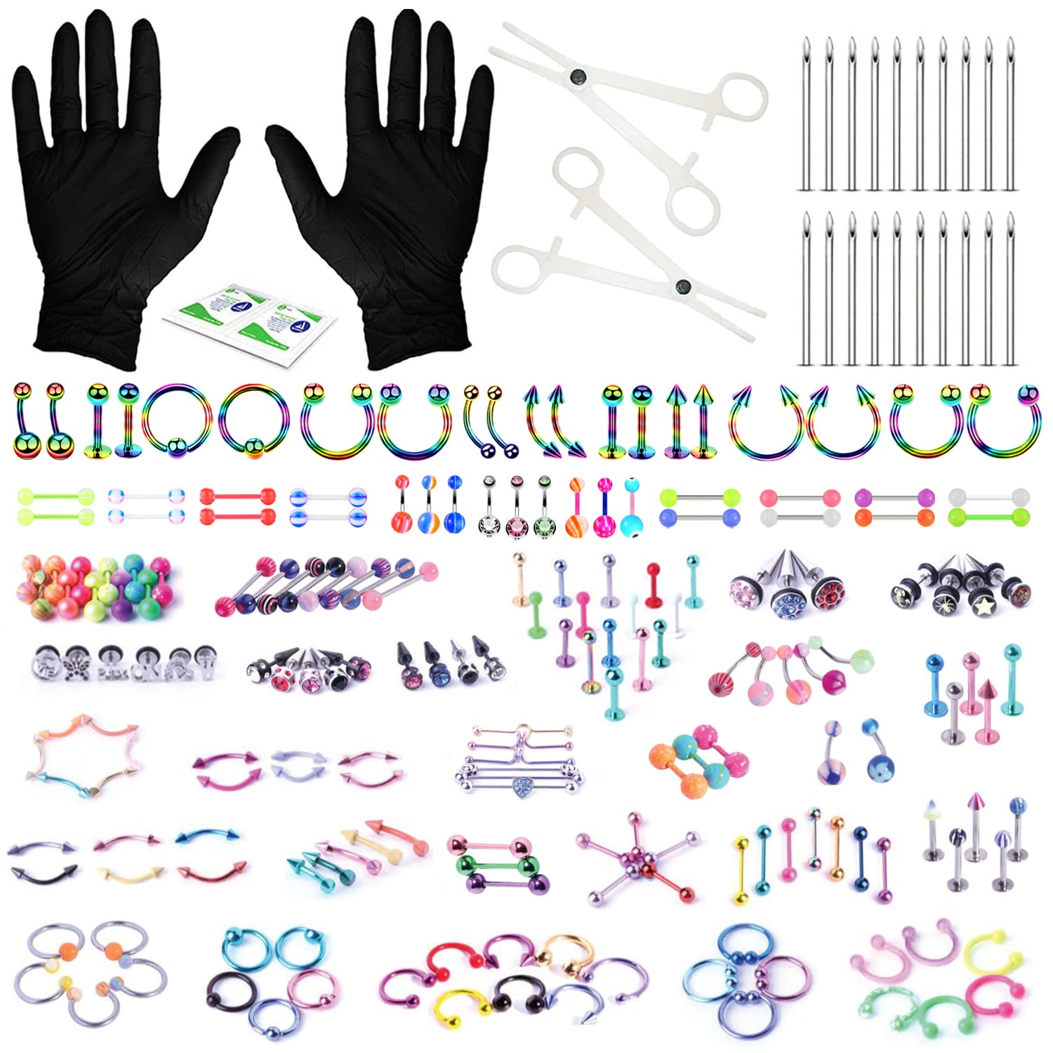 BodyJ4You 156PC Body Piercing Kit - 14G 16G 18G 20G - Belly Ring Nose Septum Tragus Ear Cartilage Industrial - Horseshoe Ring Hoop Barbell Stud Spike - Random Mix Jewelry