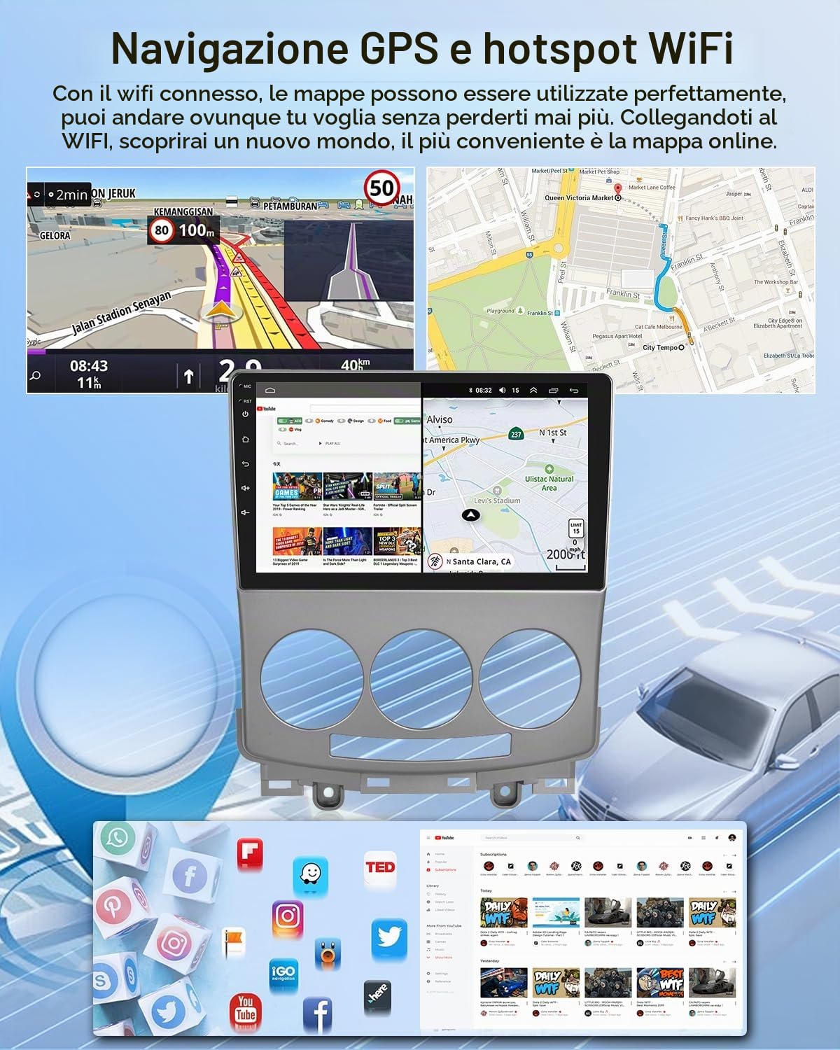 Autoradio 2+64G per Mazda 5 2005-2010 - Carplay senza fili e Android Auto - Stereo Android 13 da 9 pollici con WiFi EQ GPS Mirror Link FM RDS + Telecamera posteriore AHD e microfono