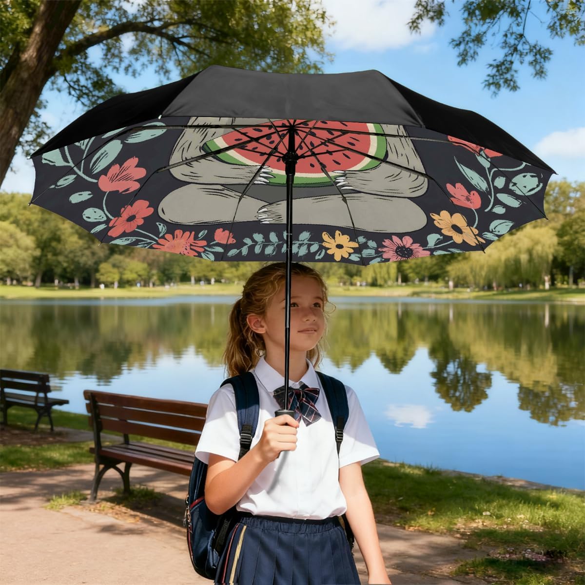 Animal Sloth Flower Watermelon Folding Umbrella Windproof Compact Lightweight Travel Umbrella with 8 Reinforced Ribs, Portable UV Sun & Rain Protection for Men & Women