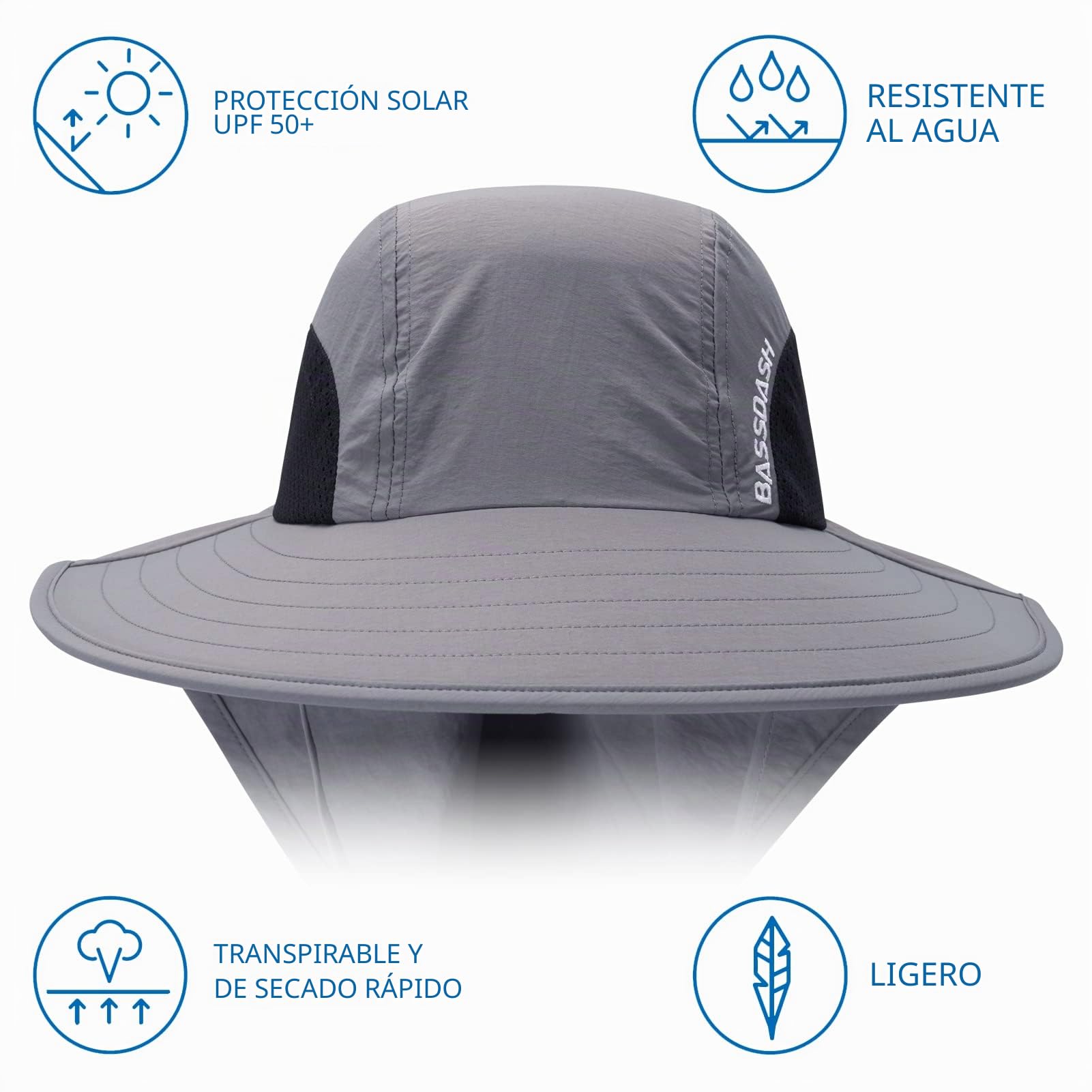 Bassdash UPF 50+ Sombrero de Sol de ala Ancha Unisex Resistente al Agua con Solapa de Cuello Grande Sombrero de Pesca de Cola de Caballo para Hombres Mujeres