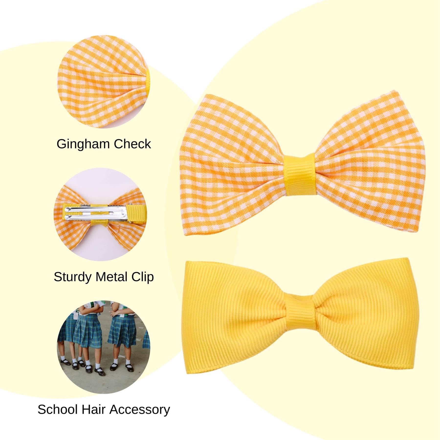 Basic Sense School Bow Hair Clips and Elastic Plain & Gingham Set - Accessories for Girls Yellow, 3 count (Pack of 1) - Image 2