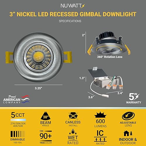 Miniatura 2 de NUWATT Foco empotrable con cardán LED de 3 pulgadas, paquete de 4, luz LED todo en 1 sin lata con 5 interruptores de color CCT 2700K - 5000K, 8W,