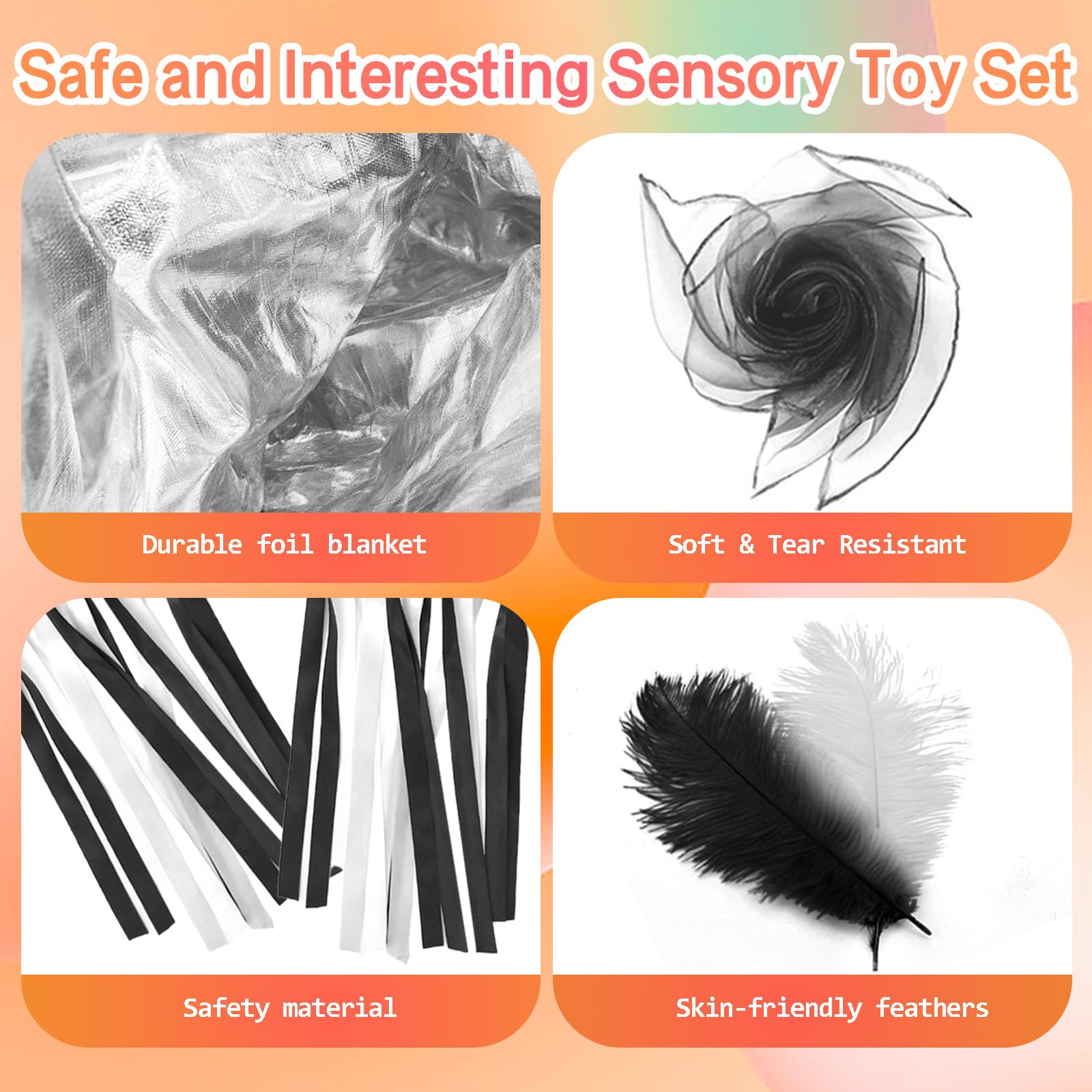 19 Pc Baby Sensory Set - Black & White Sensory Toys with Foil Blanket, Baby Scarves, Feather, Cheerleading Pom Poms & Crinkle Toys - Image 2