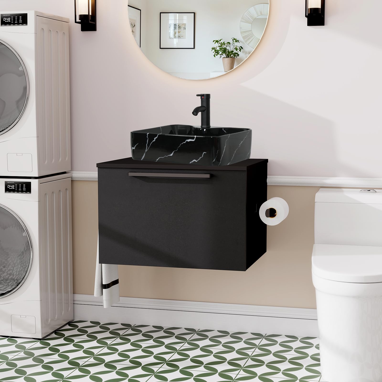 ZealWe Badmöbel-Set Waschtisch mit Unterschrank 60cm, Waschbeckenunterschrank mit Waschbecken, Badezimmermöbel Matt Schwarz Badezimmerschrank Hängend, 2-teilig, für kleine Bäder Gäste WC, Schwarz