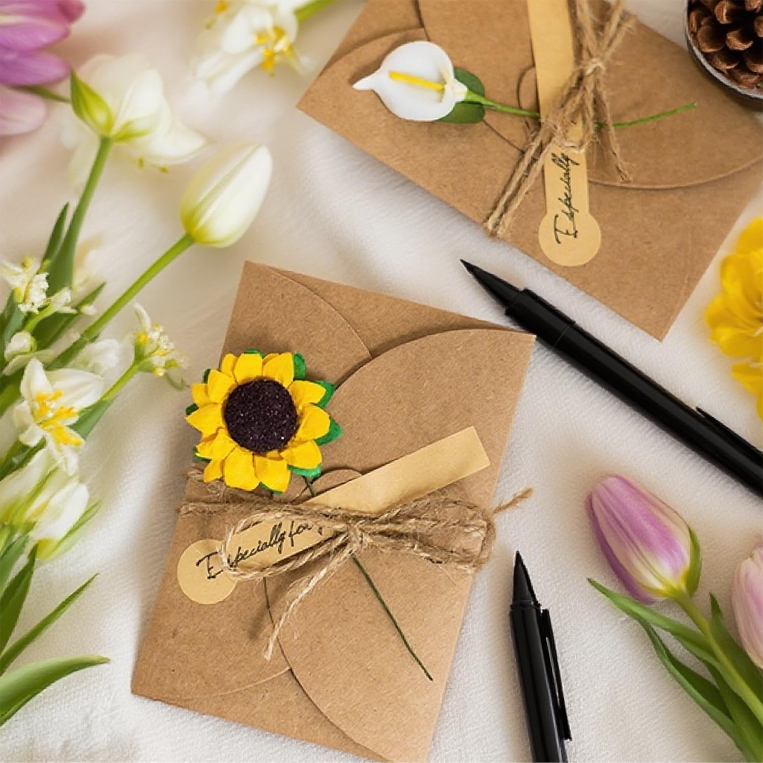 Kraft Papier Retro Grußkarten mit Umschlägen, 8 Stück, Trockenblumen, für Hochzeit Geburtstag Weihnachten