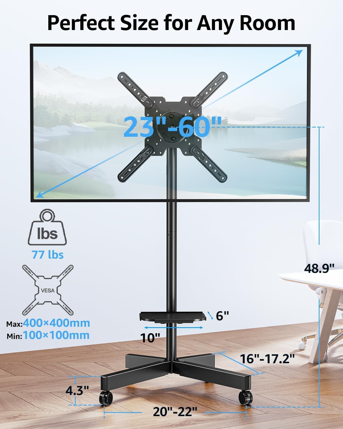 MOUNTUP Rolling Mobile TV Cart for 23-60 Inch TVs, Rotating Floor TV Stand Compatible with The Frame TVs - 90° Landscape to Portrait, Height Adjustable TV Cart on Wheels, Max VESA 400x400mm, MU1114-B