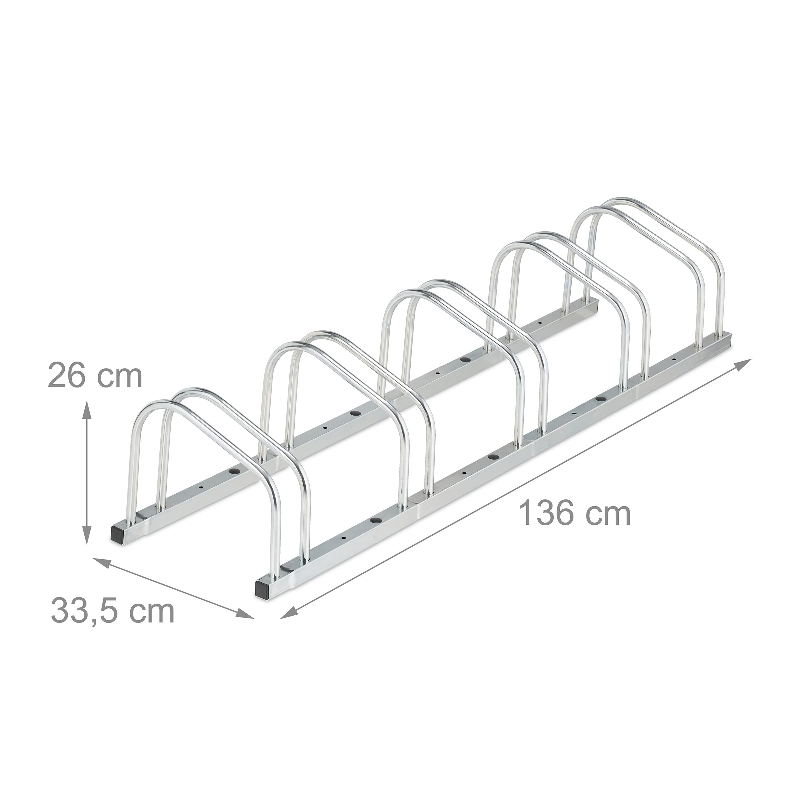 Relaxdays Portabici da Terra, Supporto per 5 Biciclette, E-Bike, Parcheggio Ruote Fino 50 mm, 26x136x33,5 cm, Argentato