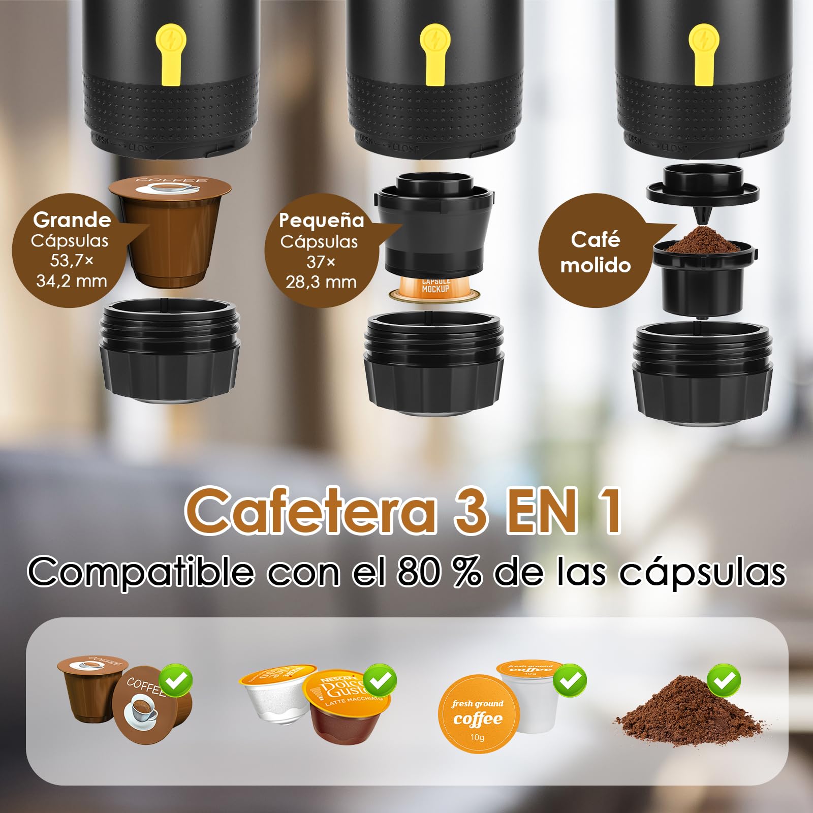 Dreamhigh® Cafetera Portatil Capsulas con 7500mAh, Máquina de Café para Viaje con USB y Auto-Carga, Compatible con Cafe Molido, Mini Cafetera Portatil Capsulas, Adecuado para Acampar y Viajar | Compatible con cápsulas y molido, carga USB y coche, ideal pa