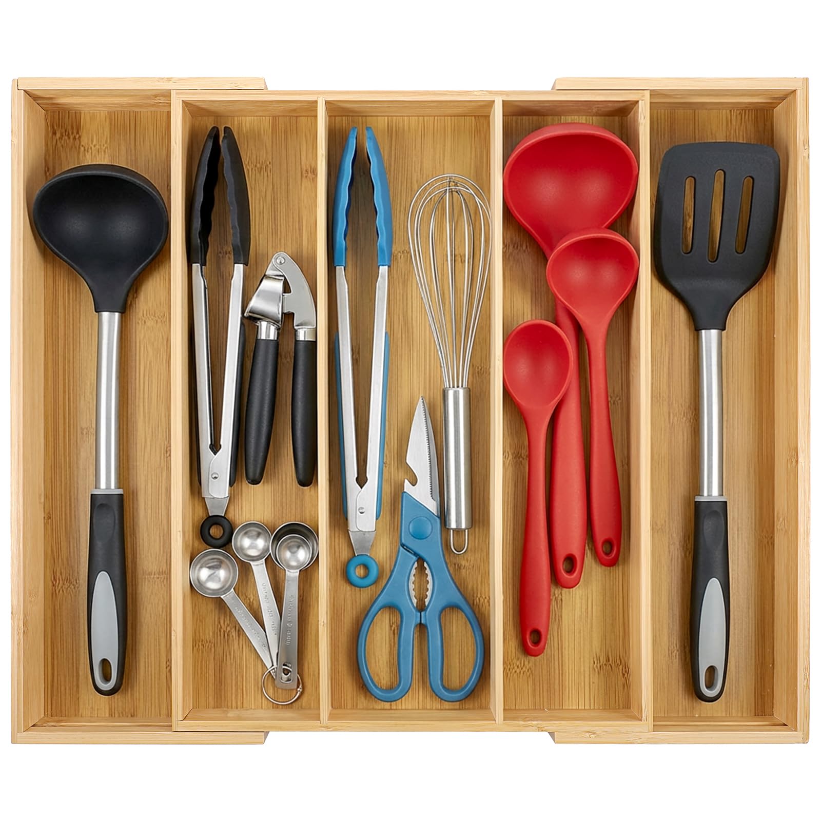 Erweiterbarer Schubladen-Organizer aus Bambus, 34 cm bis 52,1 cm, verstellbares Bestecktablett für Utensilien, Küchenwerkzeug, Schublade, geteilte Organizer, Bambus-Besteck-Organizer