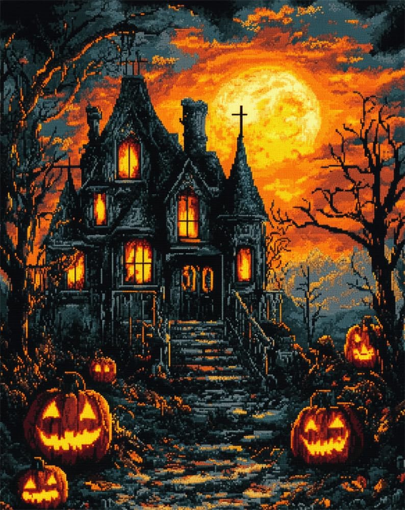 Rqwybcaxn Cross Stitch Kits Stamped,Halloween Printed Pattern 14Ct 15.7X19.7inch (40X50cm) Diy Embroidery Kit