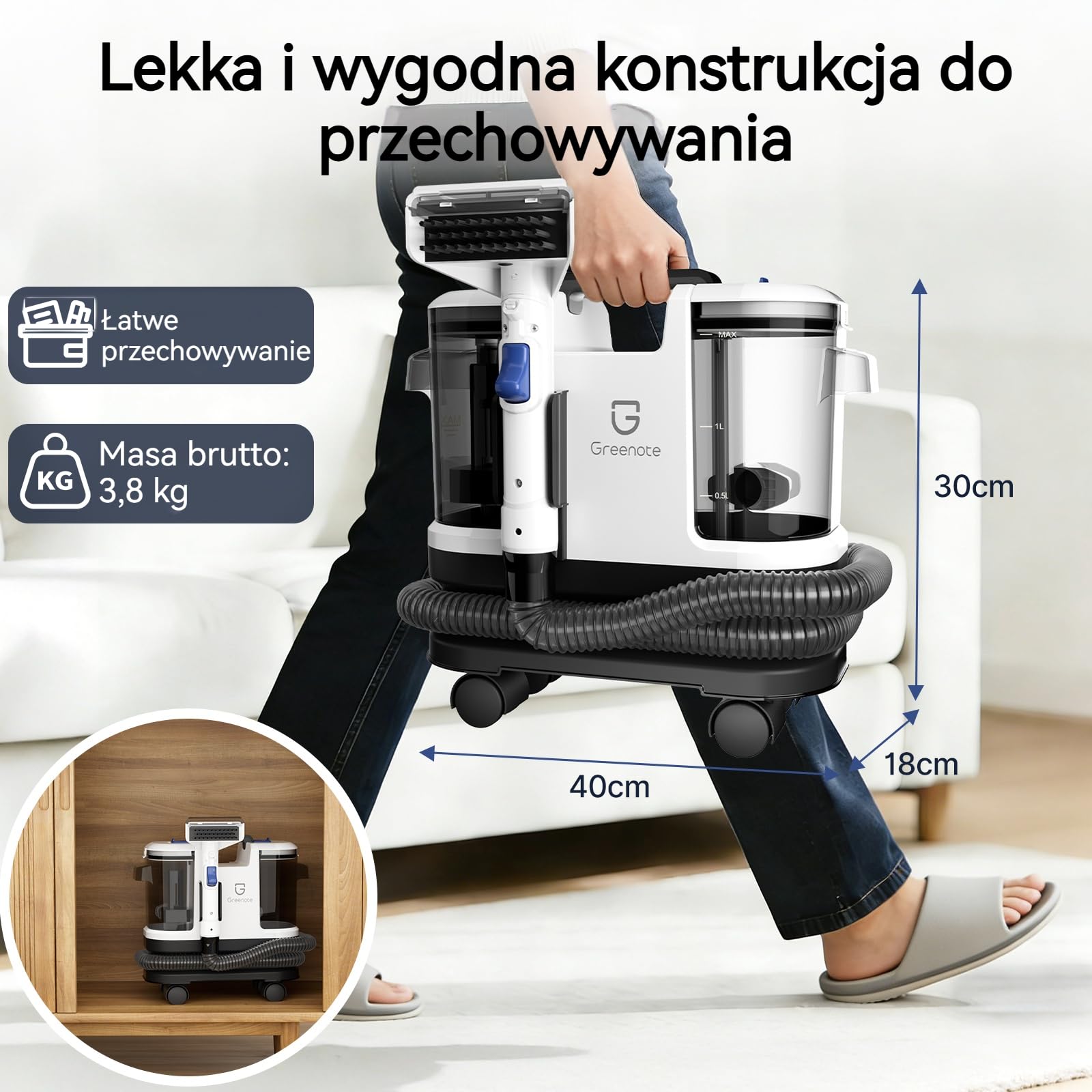 Greenote Odkurzacz Piorący 600W, 4 obrotowe kółka dla łatwości manewrowania, Kompaktowe przechowywanie, Samoczyszczący wąż, Mocne ssanie, Zbiorniki 1,8L/0,8L, Wąż 1,5m i przewód 5m
