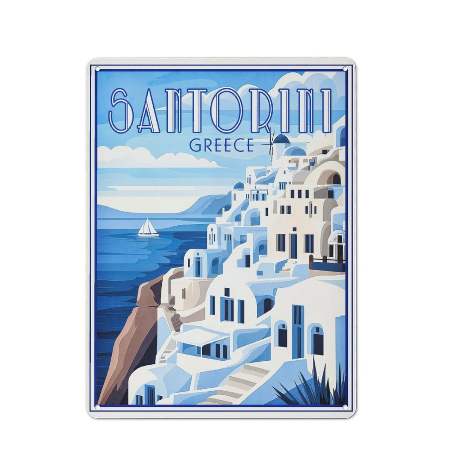 Junmoney Style-7 Vintage Decorative Tin Sign 40X30cm Featuring Santorini Greece Retro Poster, Retro Room Decor For Bedroom, Office, Home Bar Or Dining Room