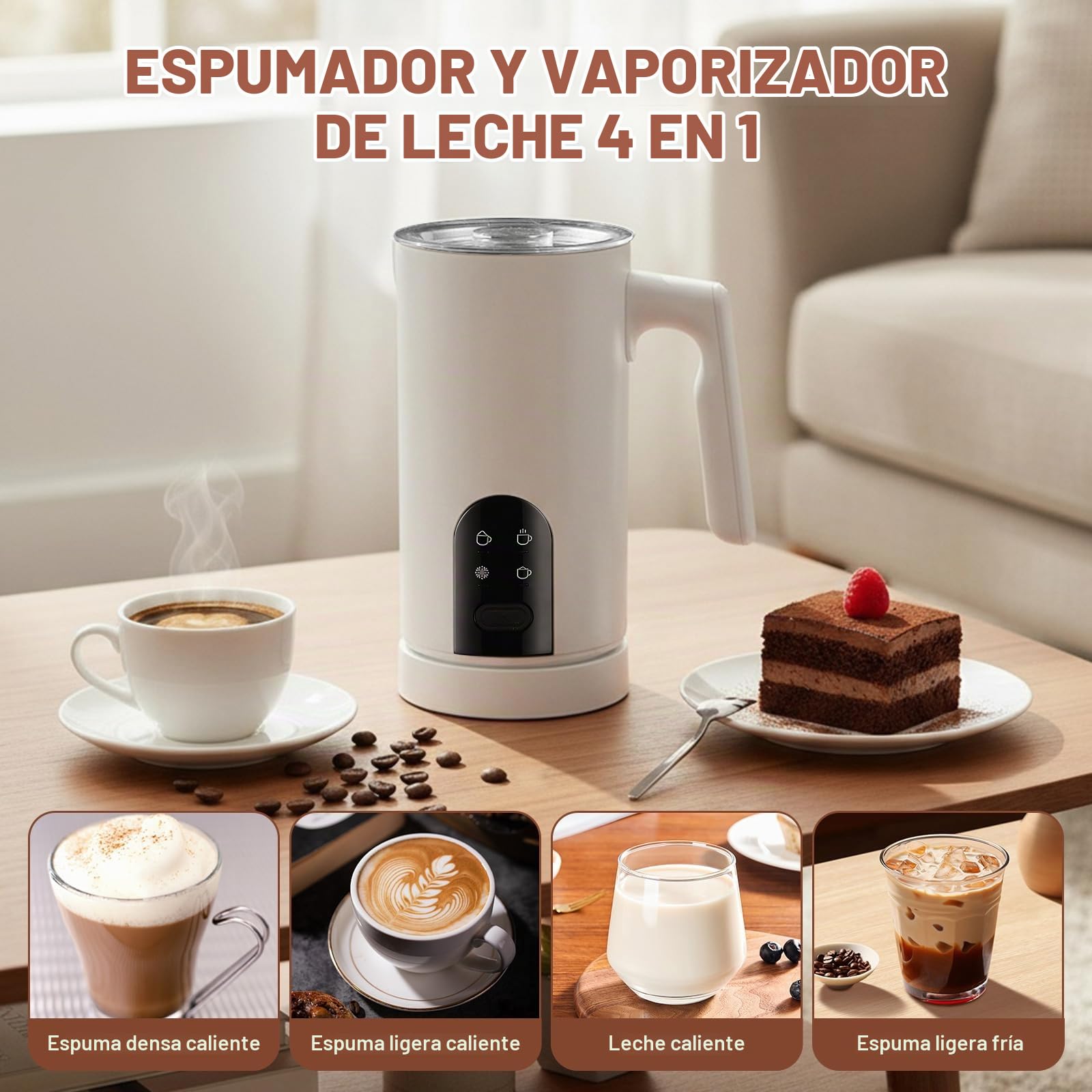Espumador De Leche Eléctrico 4 En 1: Espumador Automático Para Leche Caliente Y Fría, Apagado Automático, Diseño En Acero Inoxidable, Funcionamiento Silencioso Para Chocolate Caliente (Blanco)