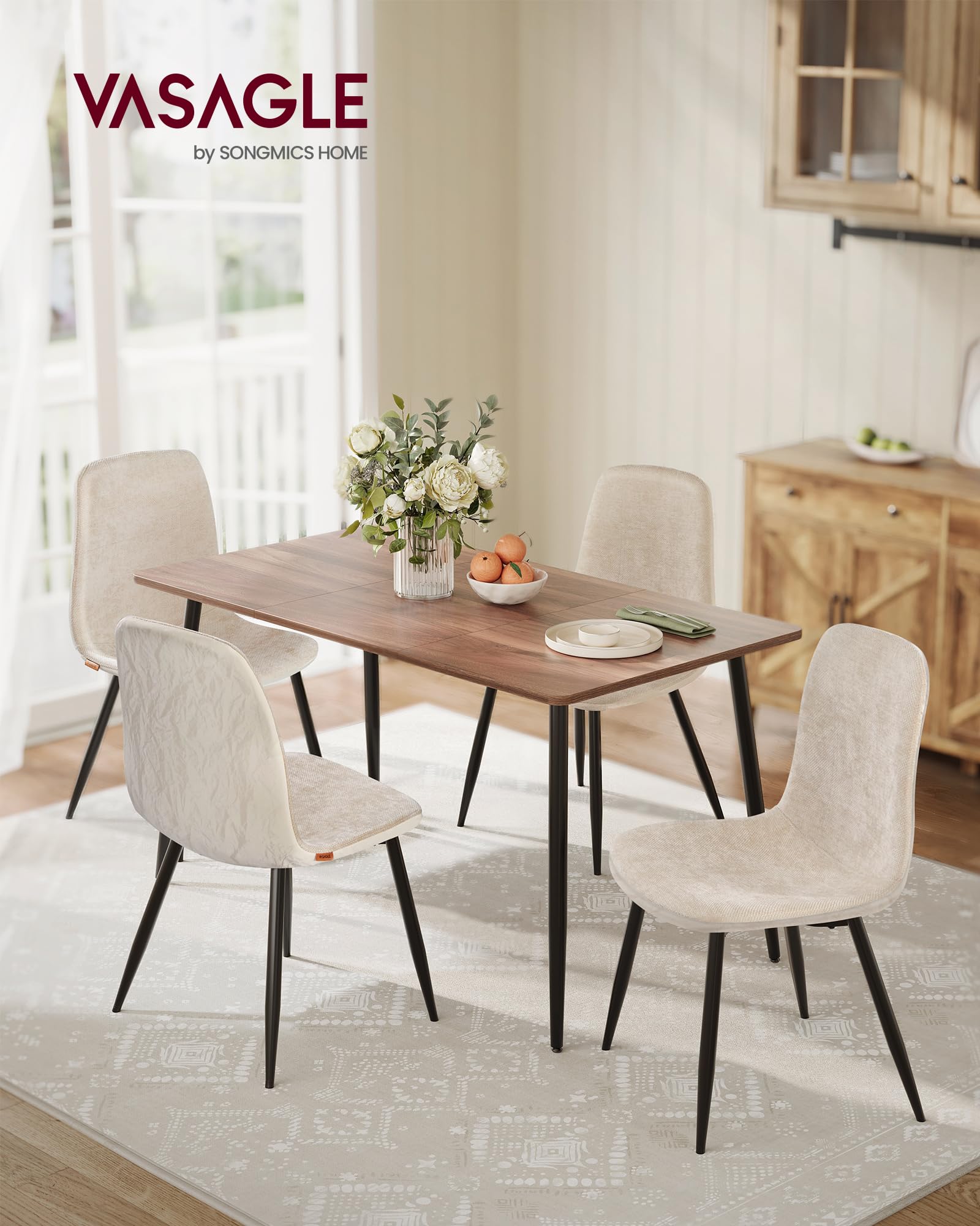 VASAGLE Chaises de Salle à Manger, Lot de 4, Support Métallique, Pieds Réglables, Nettoyage Facile, Chaises de Cuisine, Tissu Chenille, PU Texturé Glacé, Blanc Crème KDC188W01