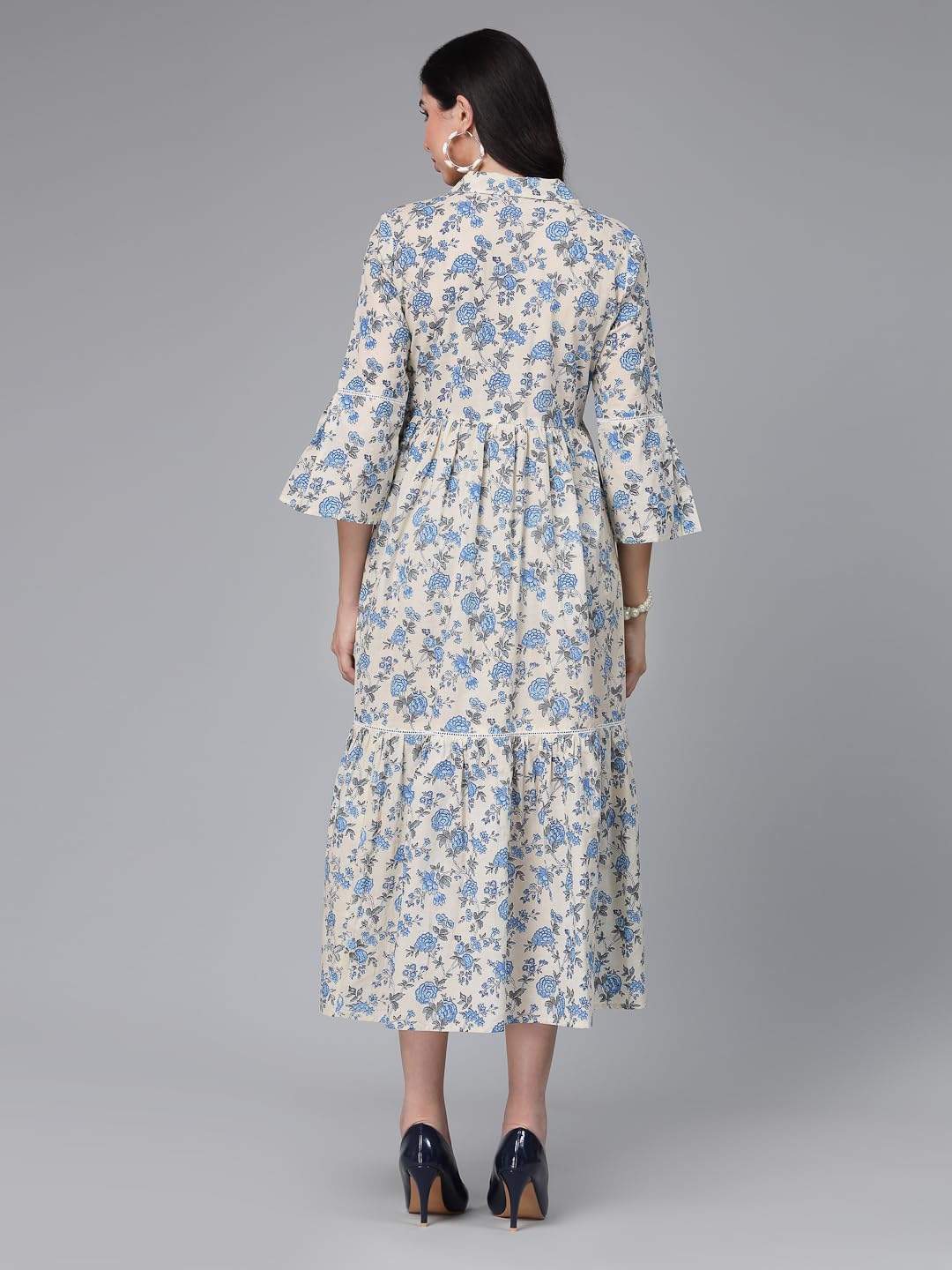 Stylum Women's Floral Printed Cotton Tiered Midi Dress (Drsneon38_Cream, M)