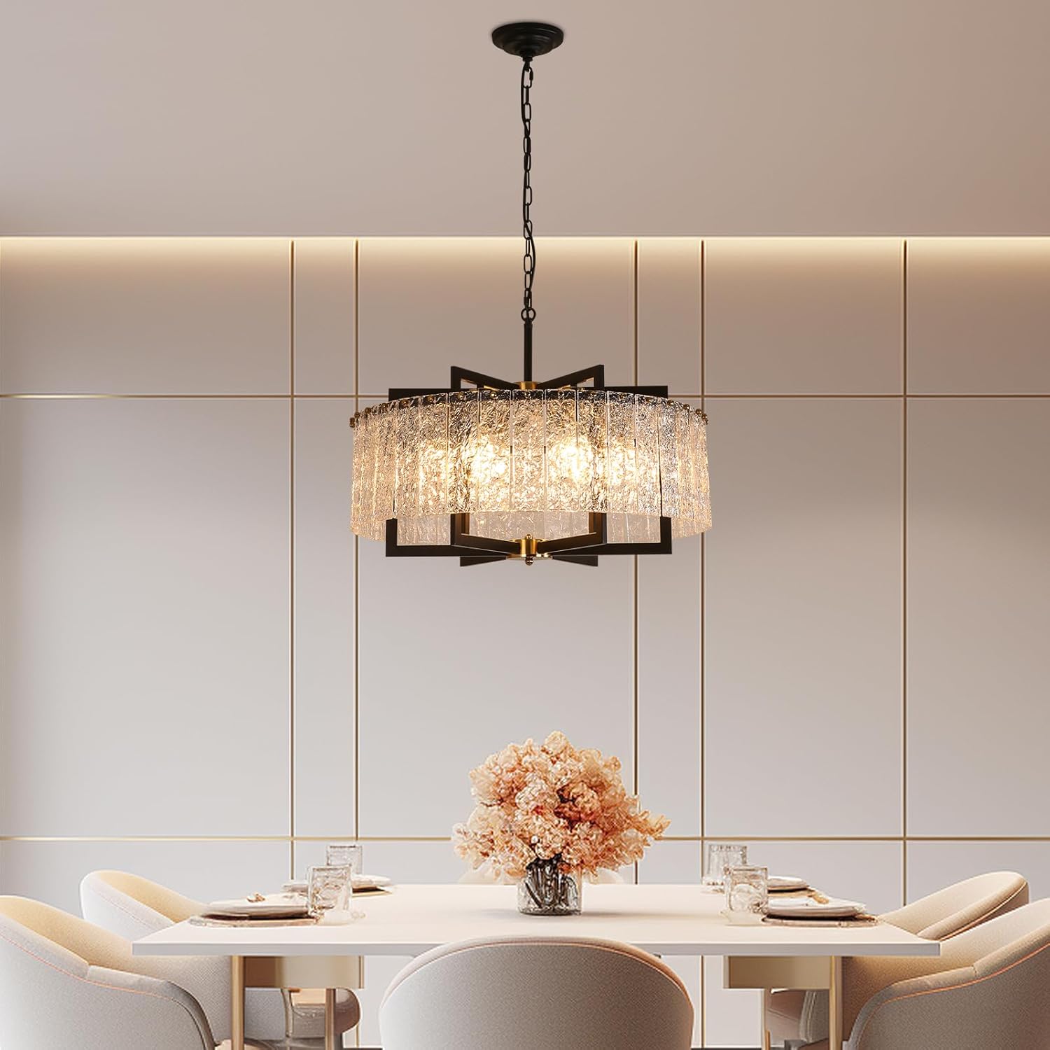 DYNAMI Modern Black Chandeliers,23.6" Crystal Glass Pendant Ceiling Light Fixtures,Round Luxury 6-Light Water Ripple Glass Chandelier, for Dining Room Living Room Bedroom